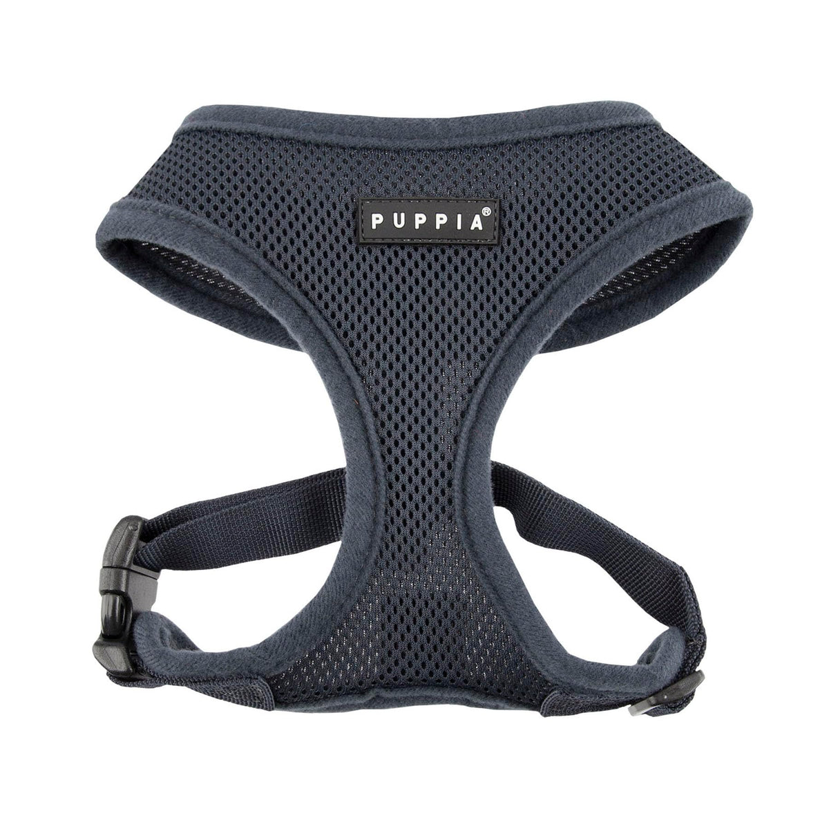 Arnés Puppia suave gris X-Small, vista frontal, cómodo para paseos diarios.