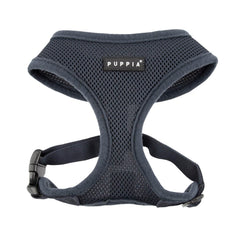 Arnés Puppia suave gris X-Small, vista frontal, cómodo para paseos diarios.