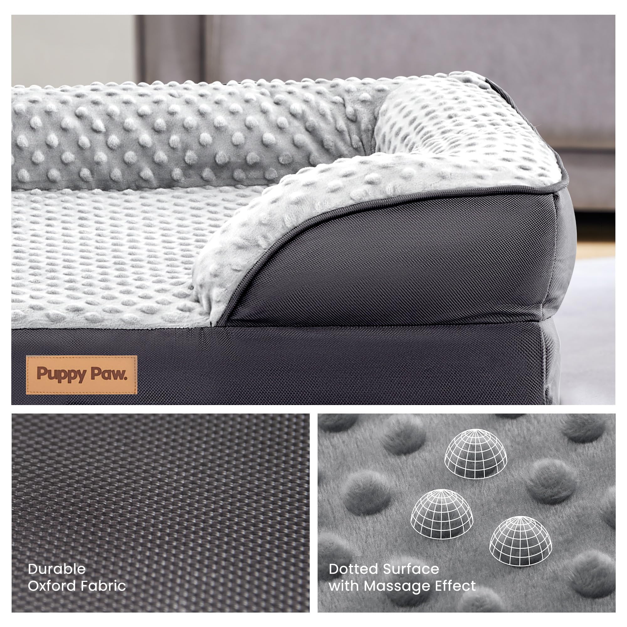 PUPPY PAW cremalleras ocultas, diseño limpio y resistente.