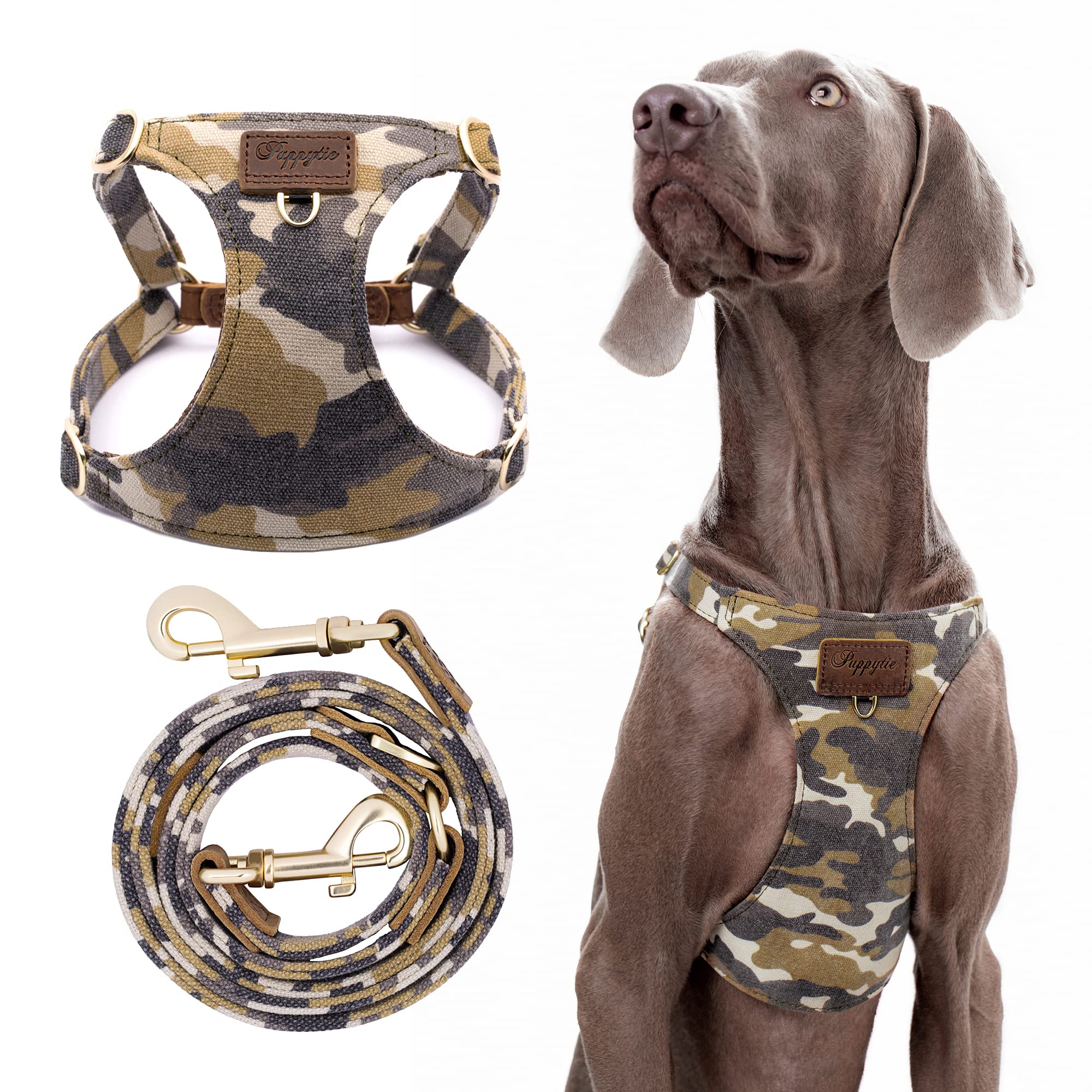 Puppytie arnés camuflaje marrón visto de frente para paseos seguros