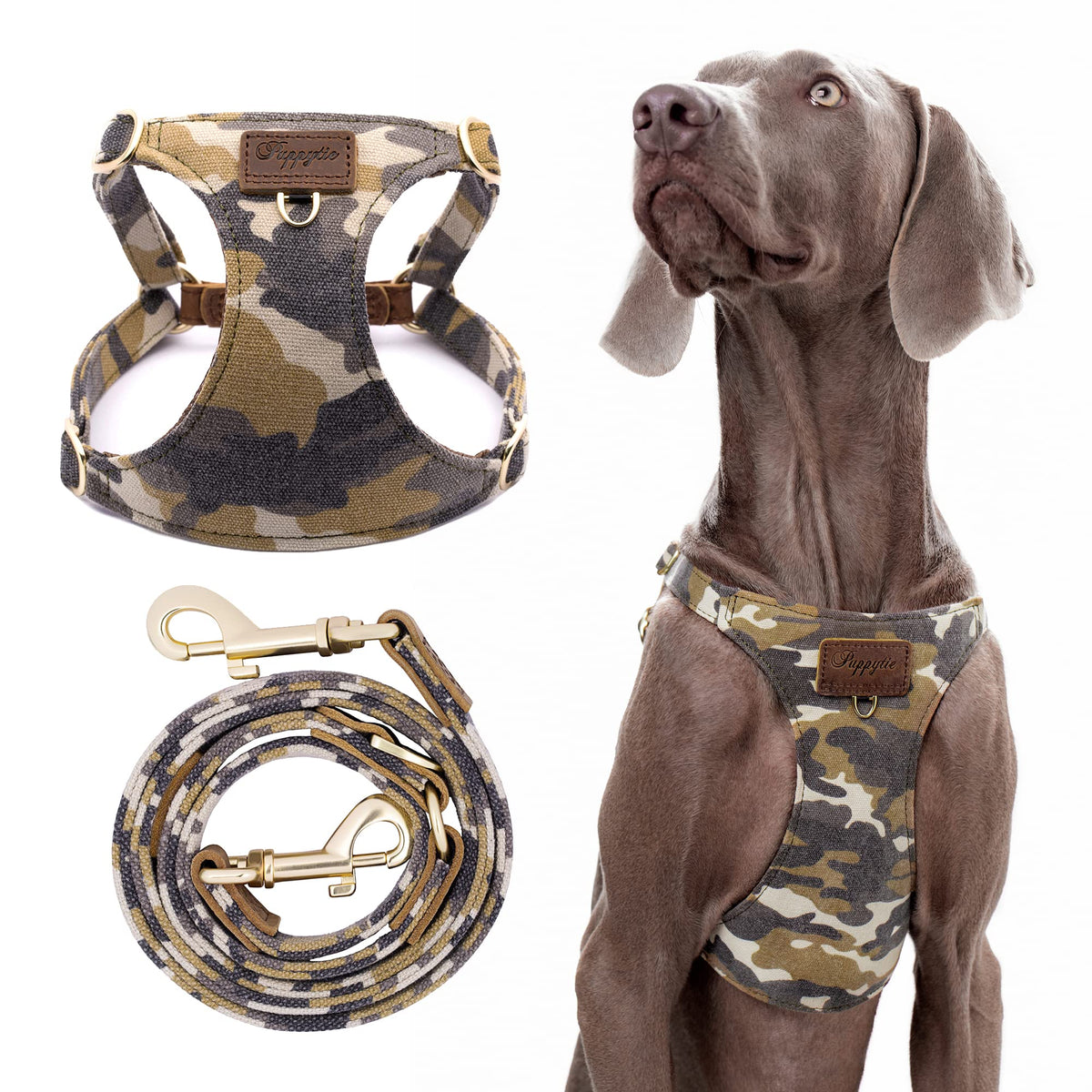 Puppytie arnés camuflaje marrón visto de frente para paseos seguros