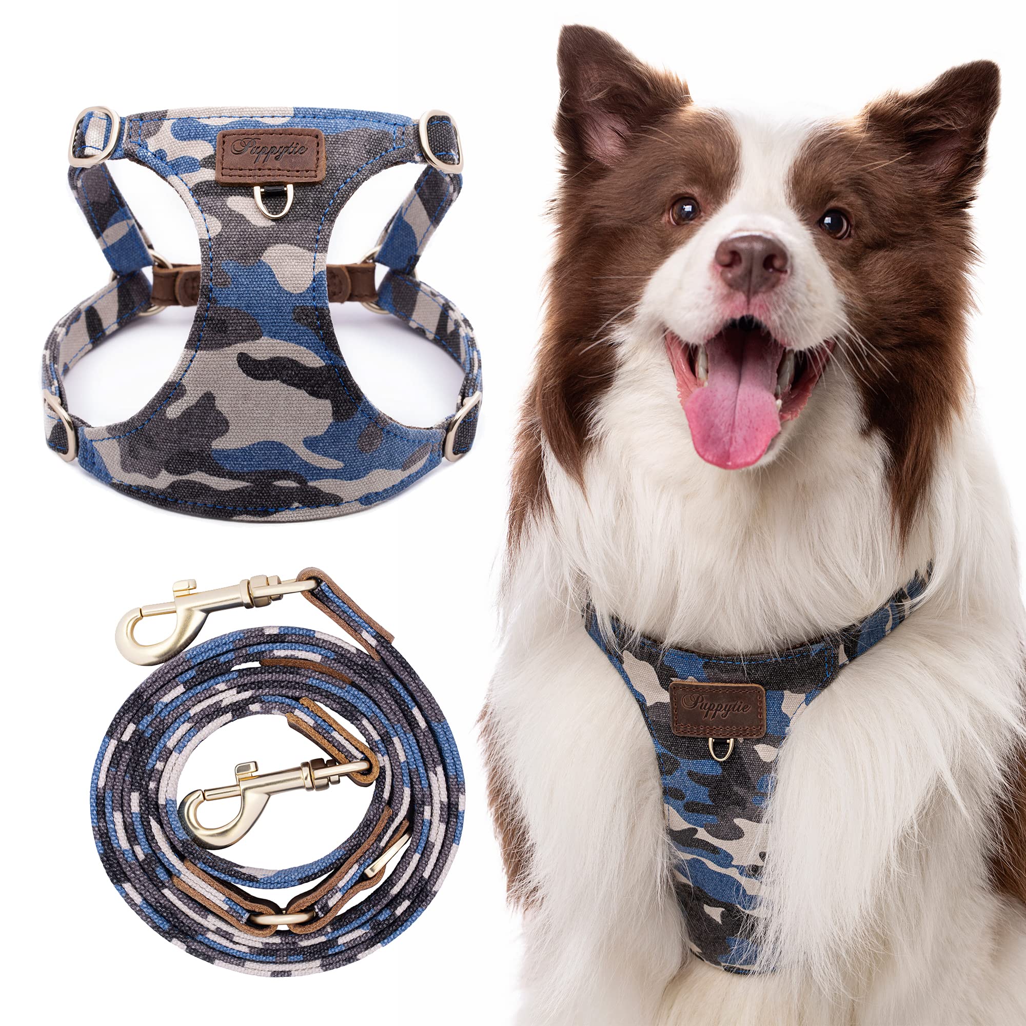 Puppytie arnés sin tirón azul camuflado, vista frontal para paseos cómodos