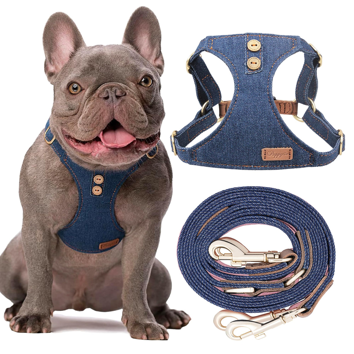 Puppytie arnés sin tirón en denim azul, ligero y cómodo para paseos diarios.