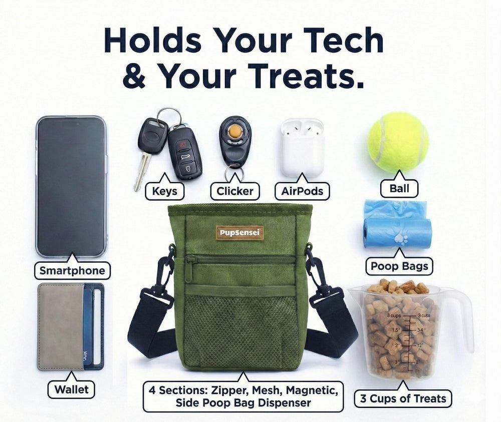 PupSensei bolsa con capacidad para dos tazas de premios y una pelota.