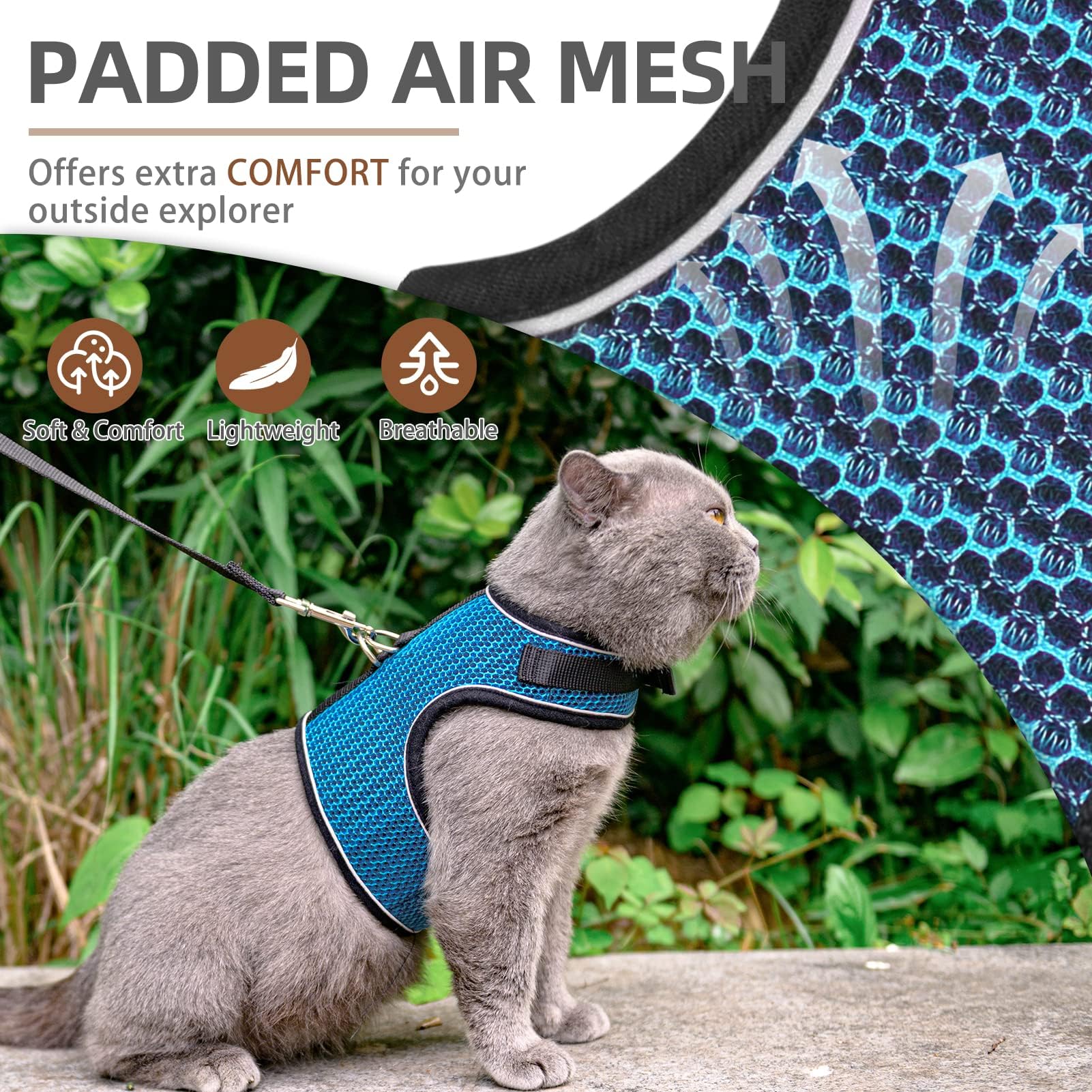 PUPTECK Arnés de malla suave para gatos, vista lateral, ajuste cómodo.