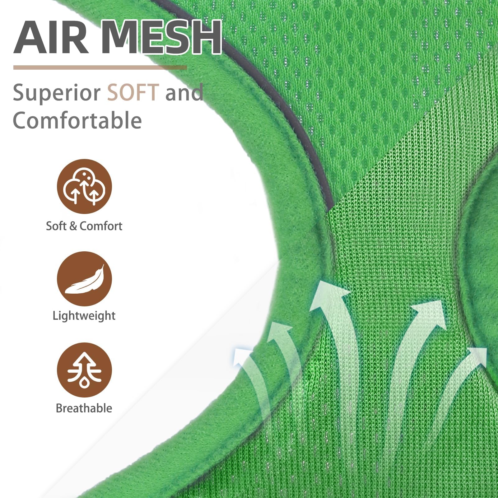 PUPTECK arnés de malla suave en verde, vista lateral para ajuste ligero