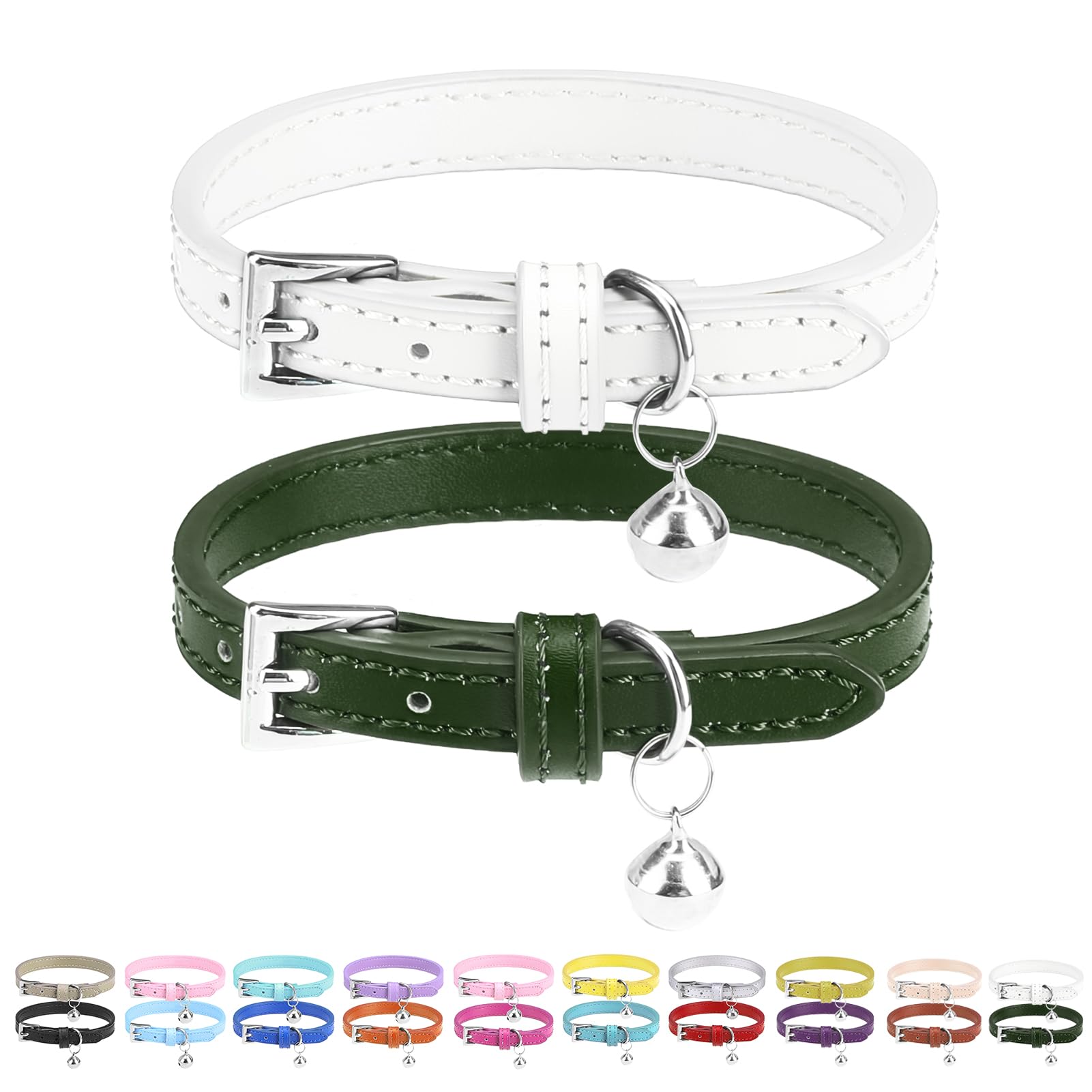 PUPTECK collar cuero suave blanco para gato, primer plano y cómodo para paseos.