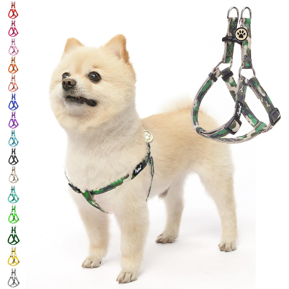 Arnés PUPTECK camuflado muestra diseño sin tirones para paseos más cómodos.