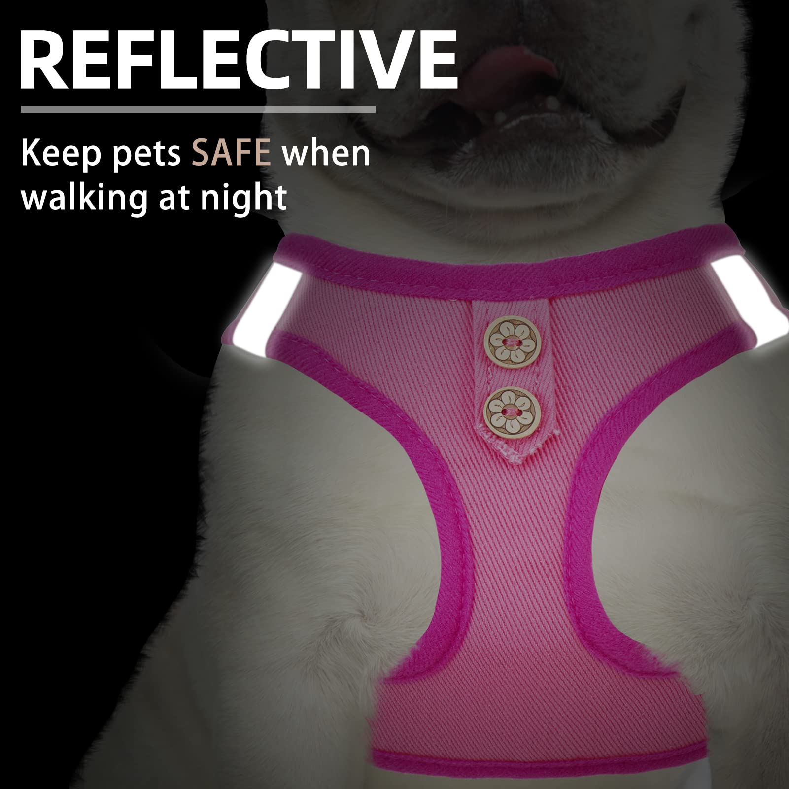 PUPTECK arnés denim rosado reflectivo: visibilidad nocturna.