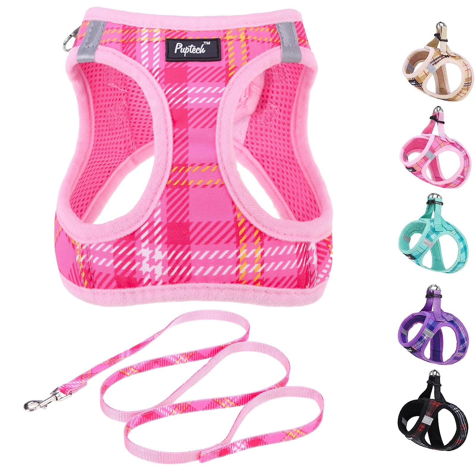 Arnés PUPTECK con entrada delantera y malla rosa, cómodo para paseos diarios.