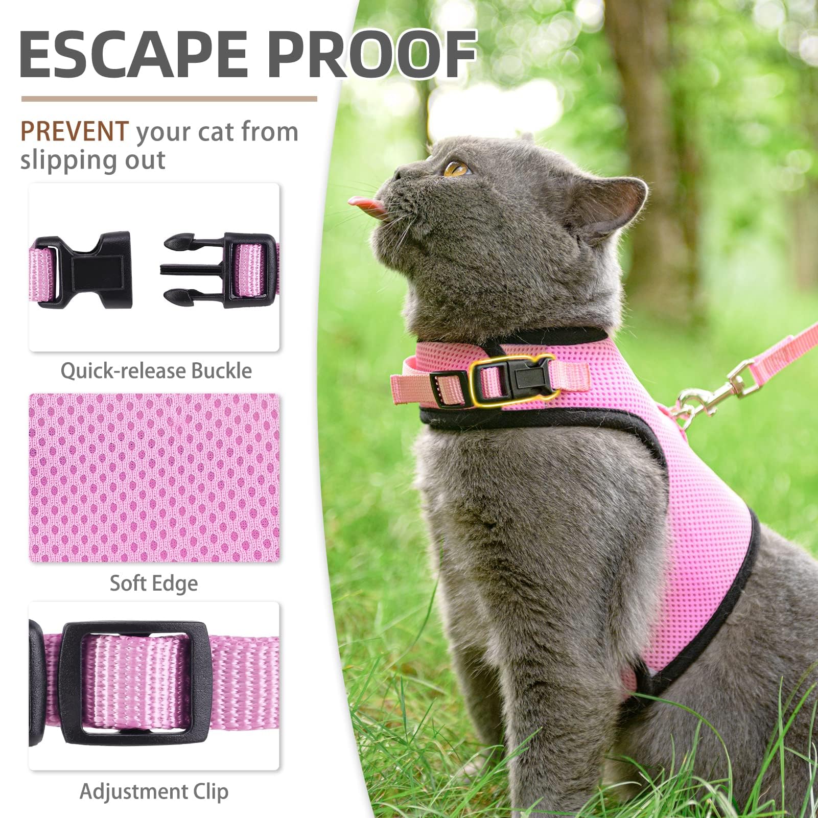 PUPTECK arnés de gato rosa, diseño sencillo y fácil de colocar, vista lateral.