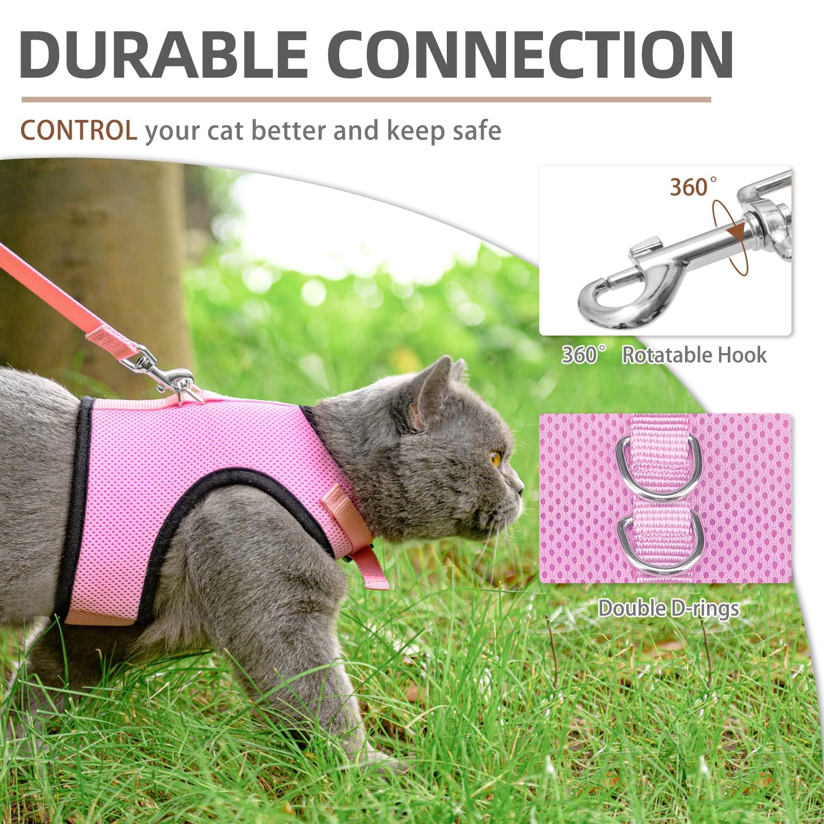 PUPTECK arnés de gato rosa, diseño simple para uso diario y ligero.