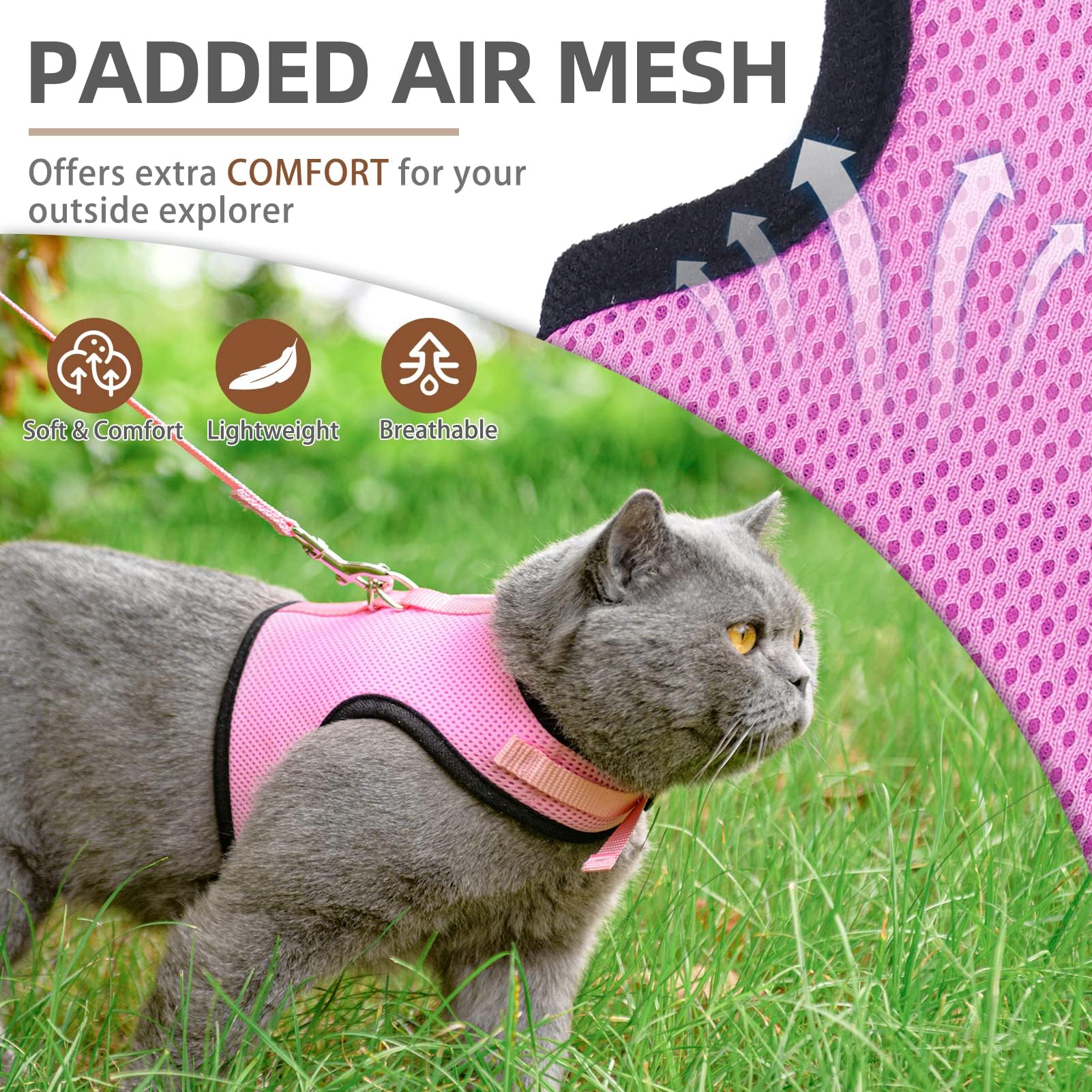 PUPTECK arnés de gato en malla suave rosa, vista trasera para ajuste cómodo.