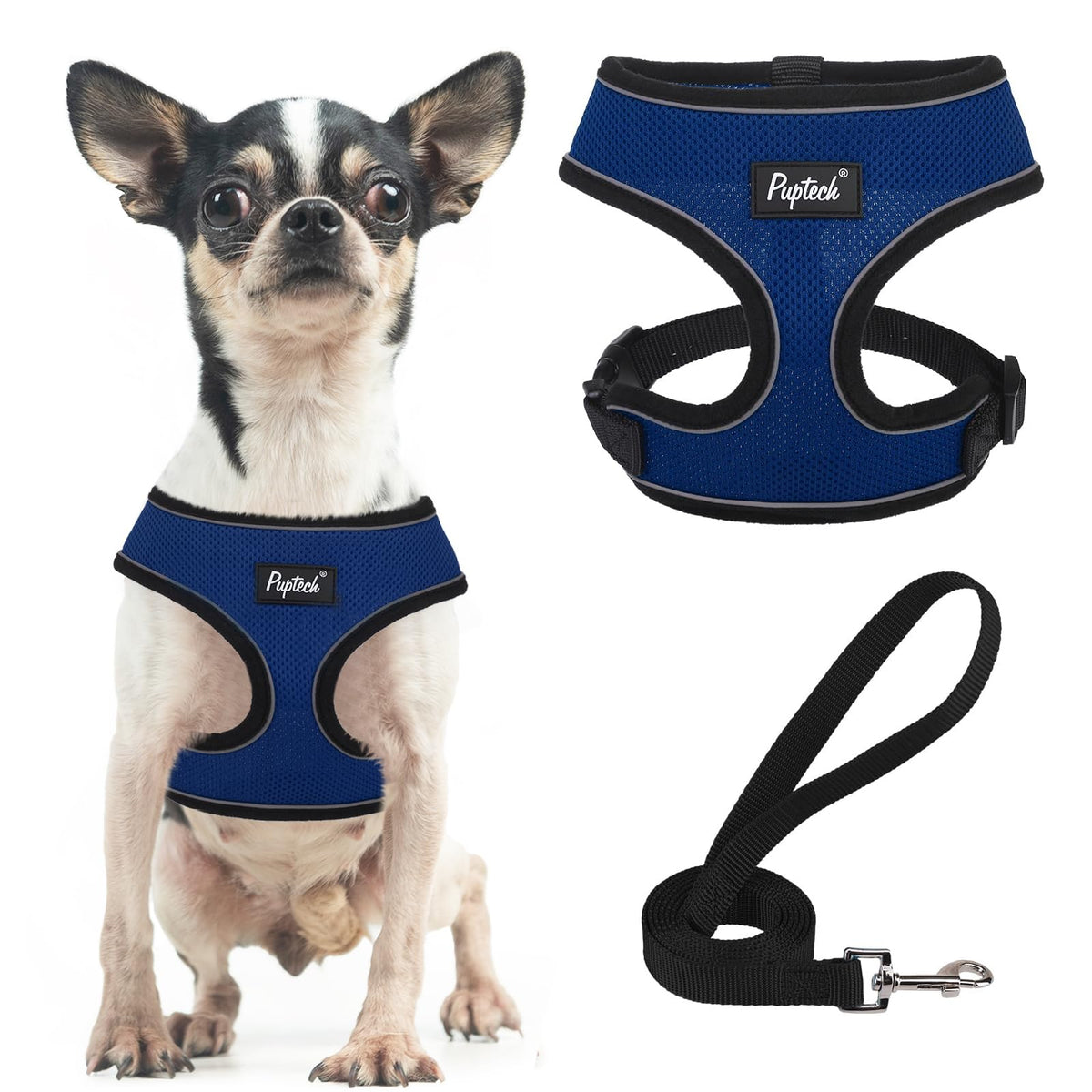 Arnés PUPTECK de malla suave, vista frontal, para paseos cómodos.