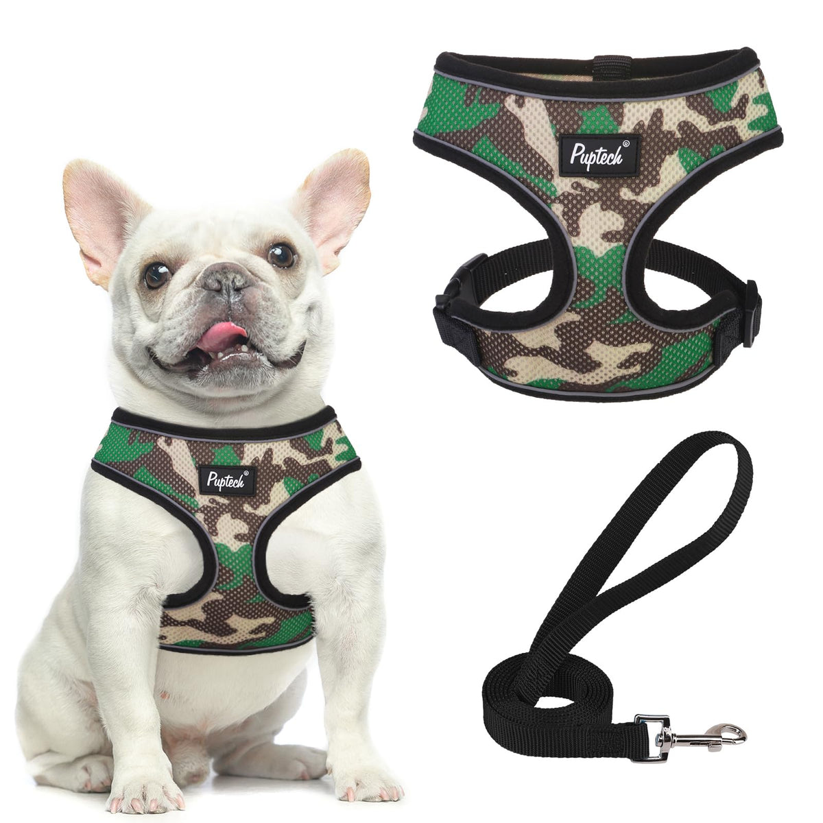 Arnés PUPTECK de malla suave en camuflaje para paseos cómodos y sin tirones.