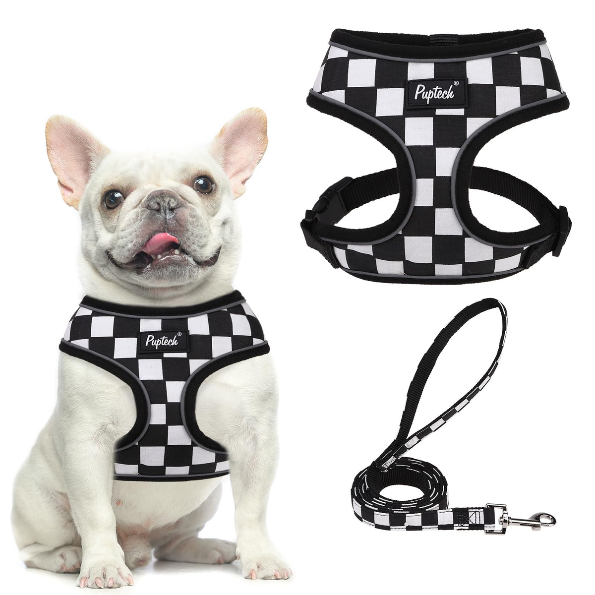 PUPTECK arnés malla suave con cuadros blanco negro, cómodo para paseos diarios.