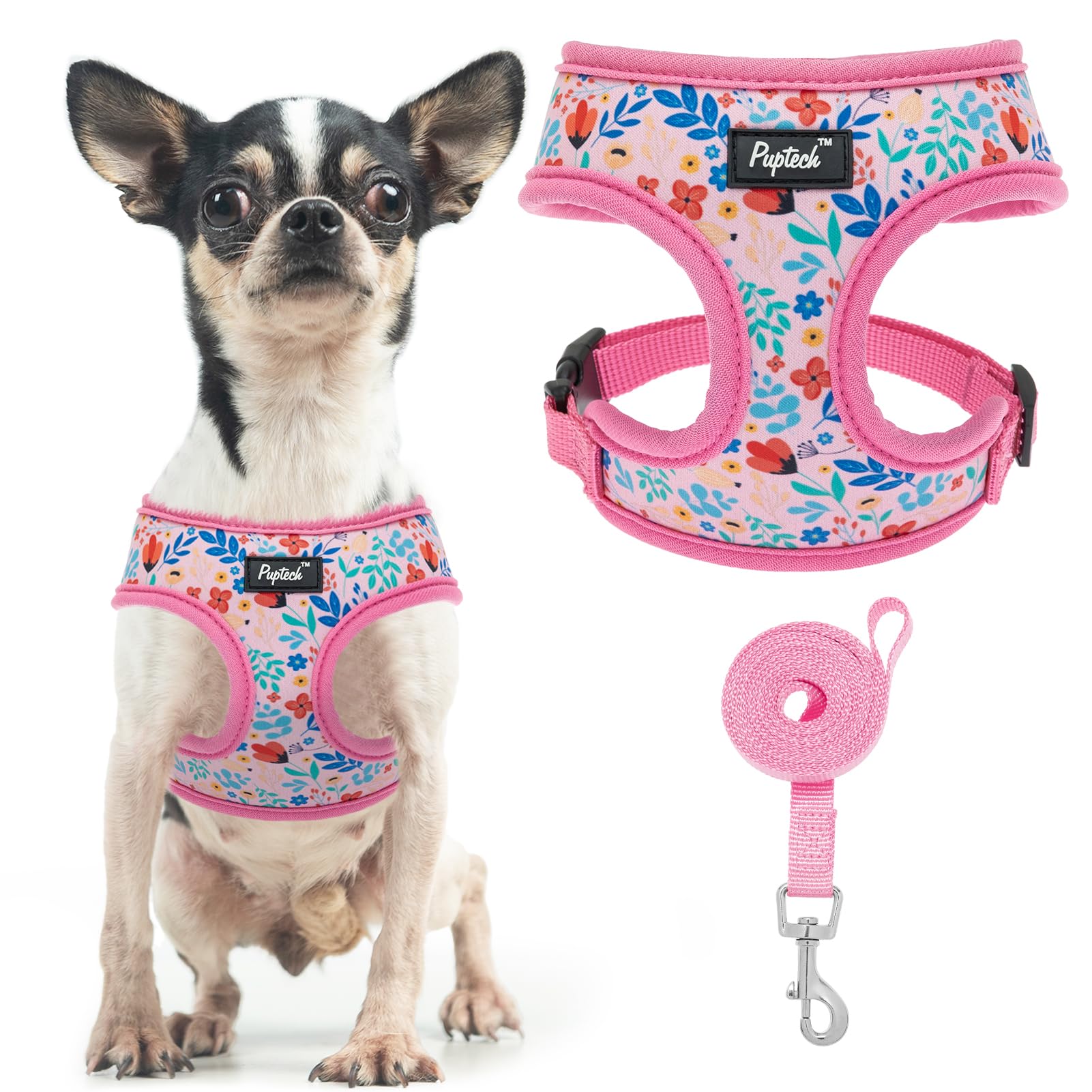 Arnés PUPTECK de malla suave, flor rosa, cómodo para paseos.