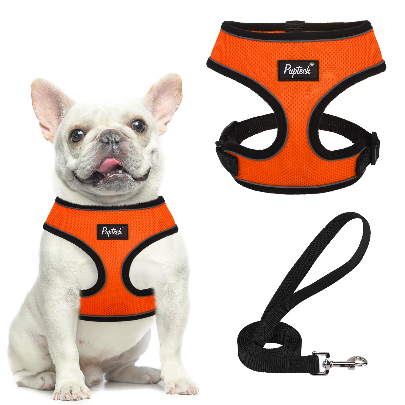 PUPTECK arnés de malla suave naranja, cómodo para paseos diarios sin tirones.