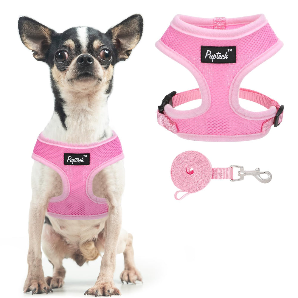 PUPTECK arnés de malla suave rosa XS, vista frontal para ajuste cómodo.