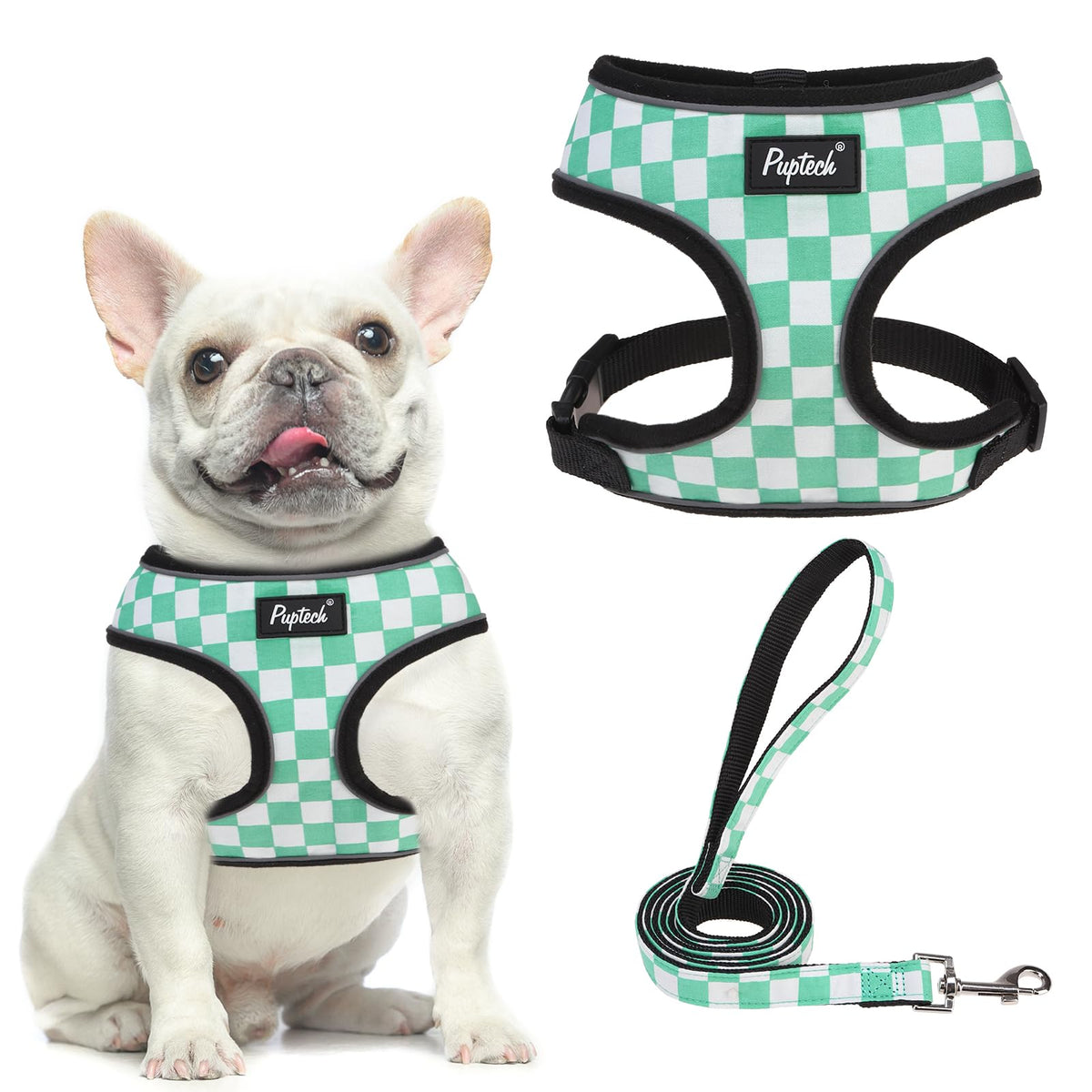 PUPTECK arnés malla suave verde-blanco para paseos cómodos