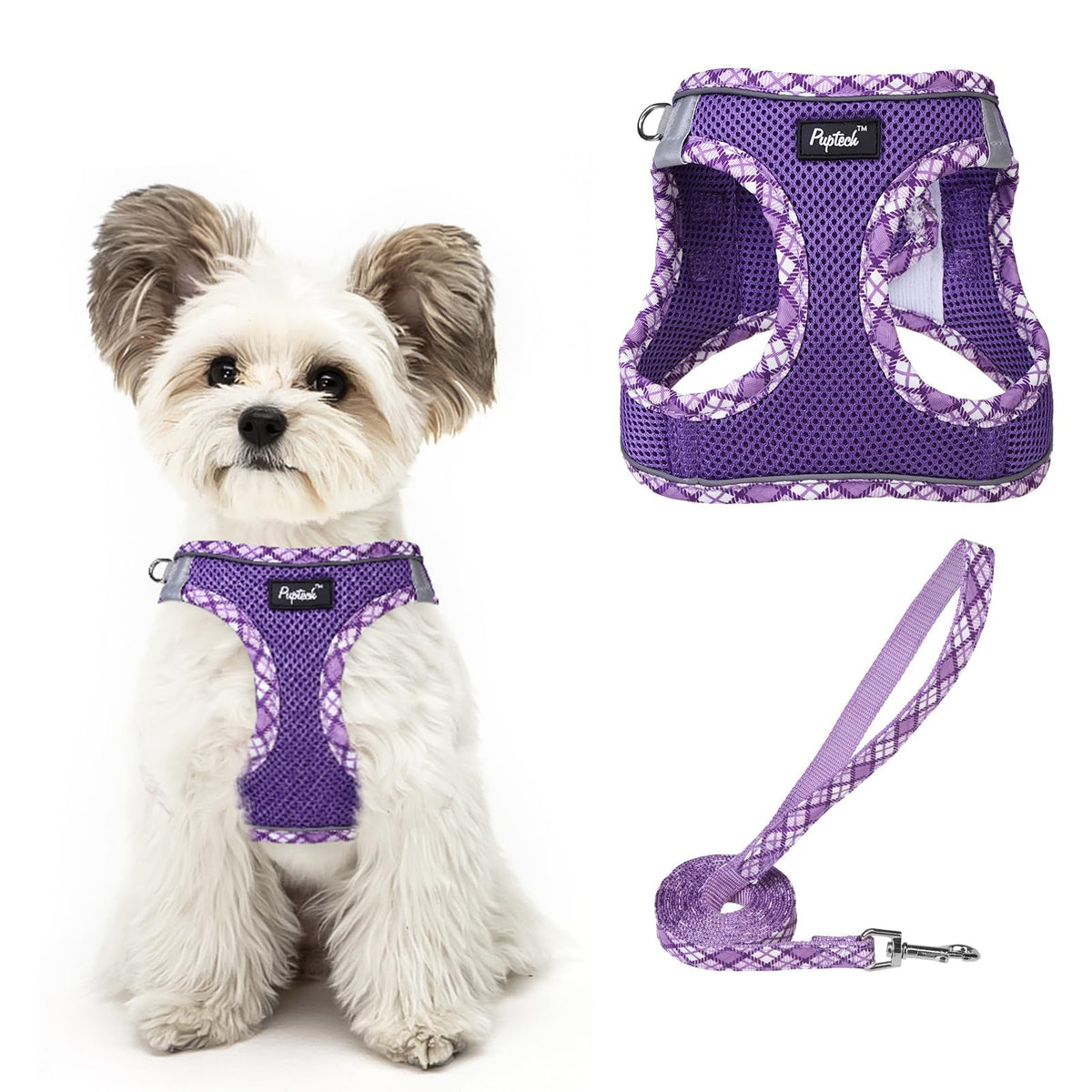 Arnés PUPTECK para perro, vista frontal con malla suave y ajuste cómodo.