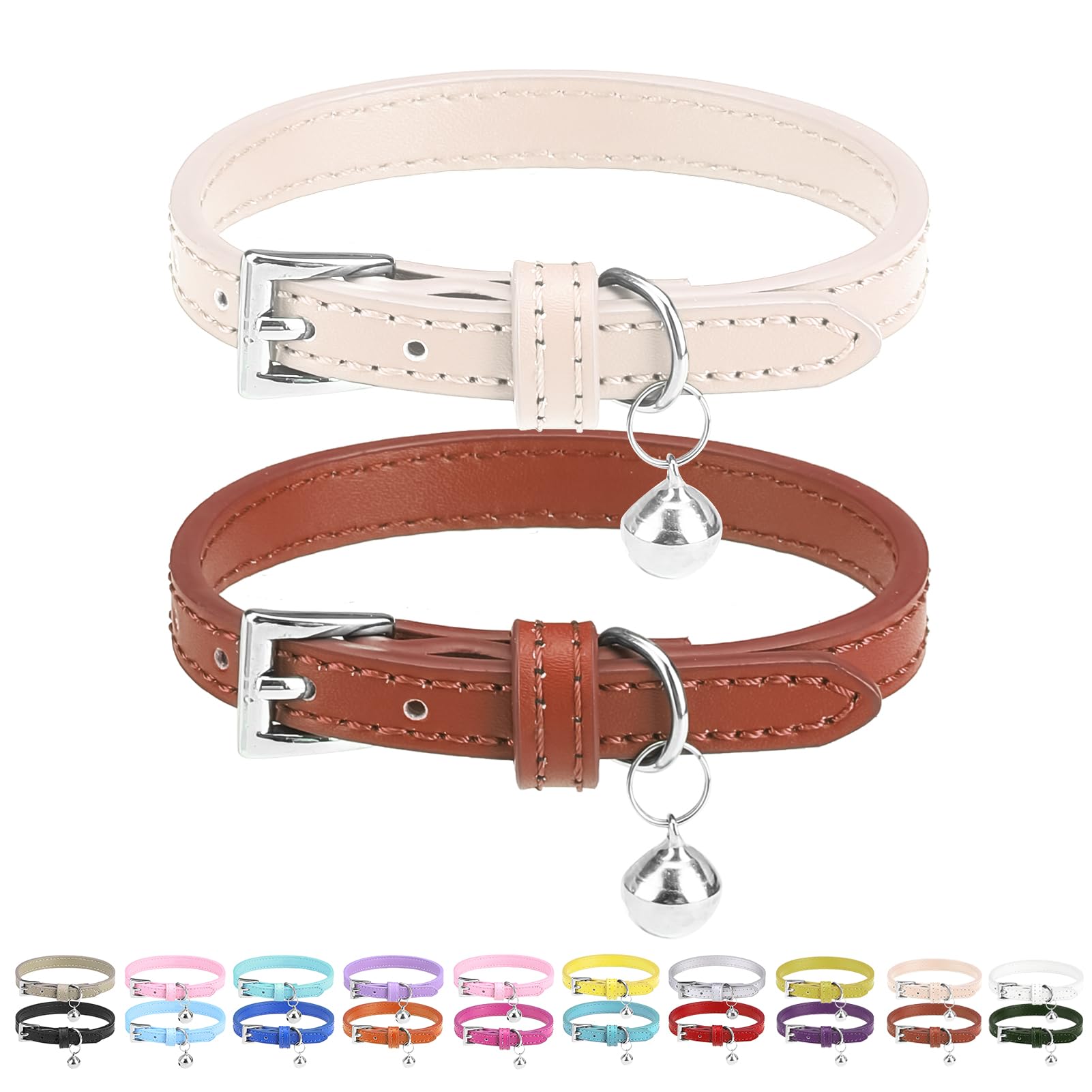 Collar PUPTECK de cuero crema con cascabel para gato, cómodo y seguro