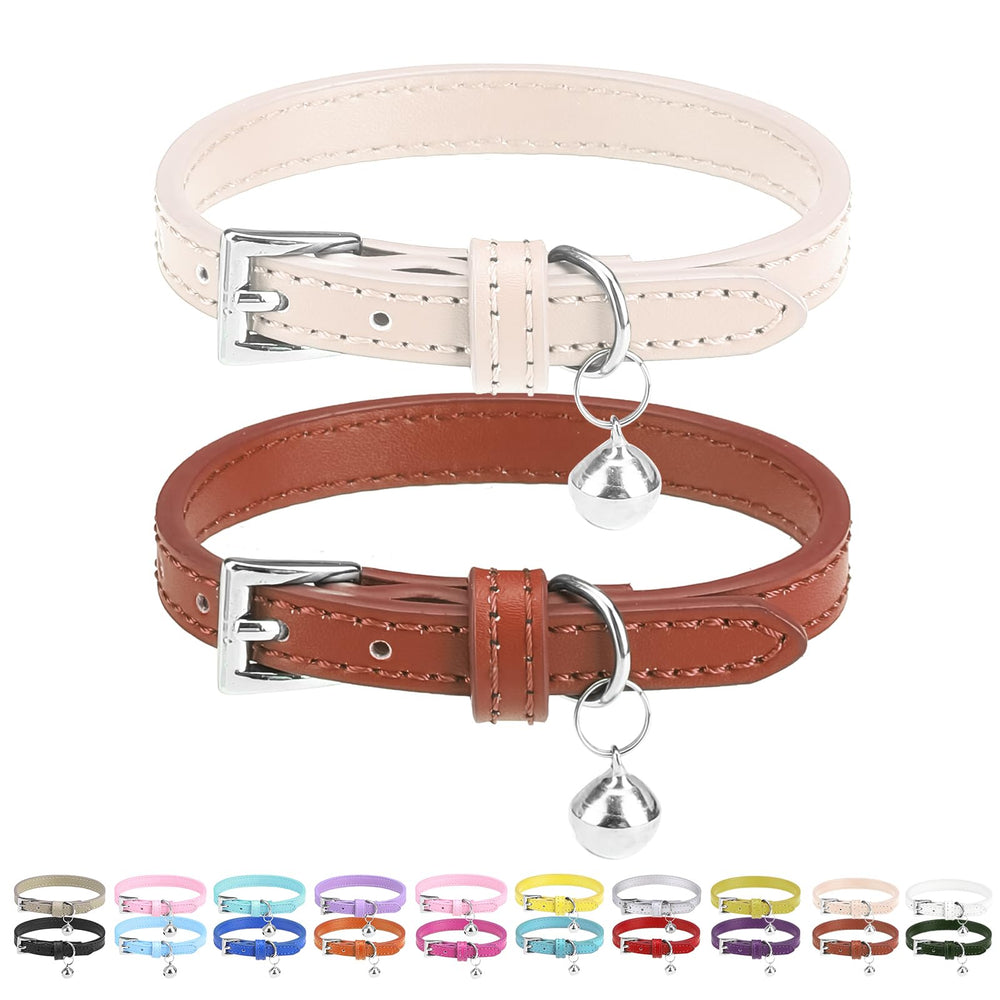 Collar PUPTECK de cuero crema con cascabel para gato, cómodo y seguro