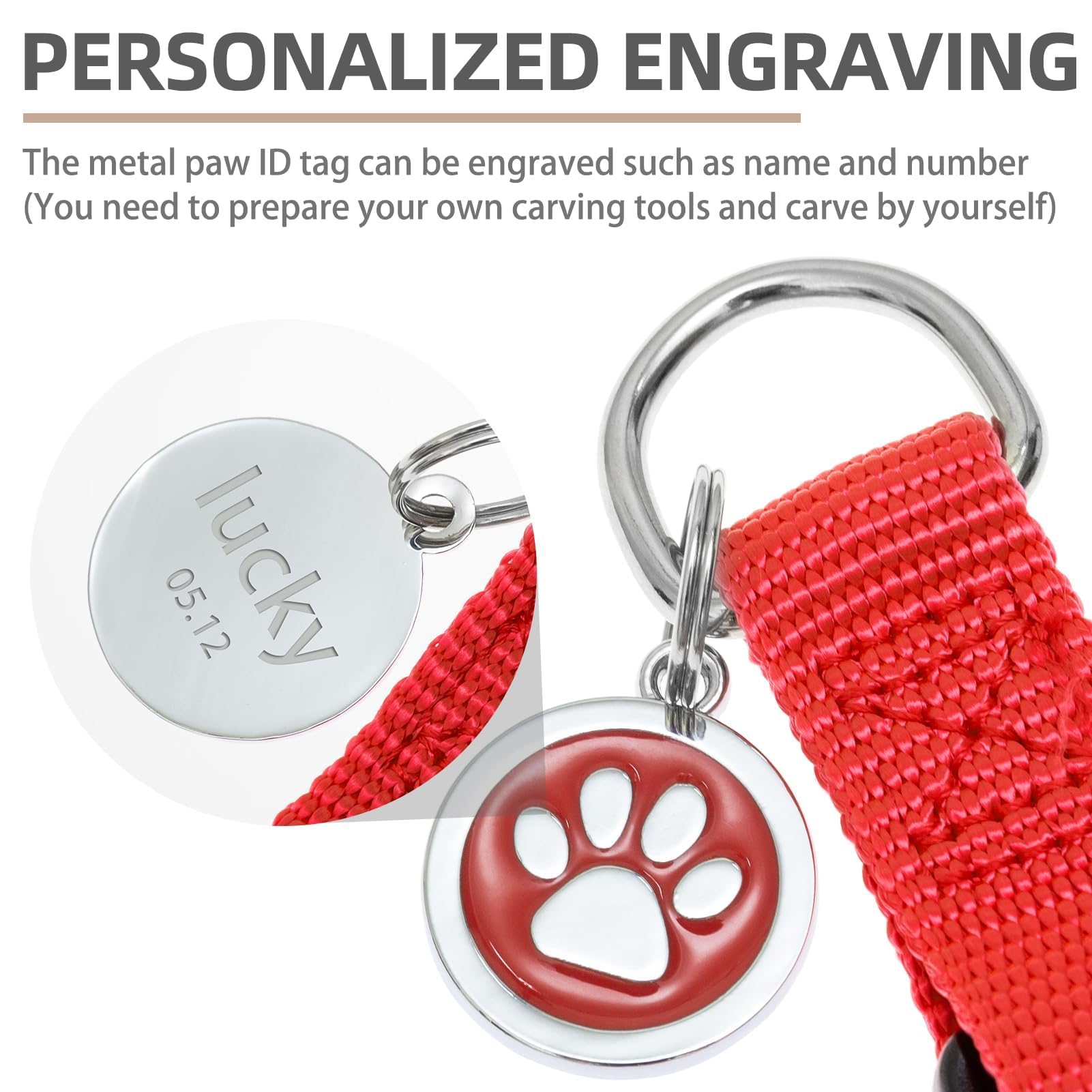 Etiqueta ID de metal PUPTECK en arnés para perro rojo, personalizable
