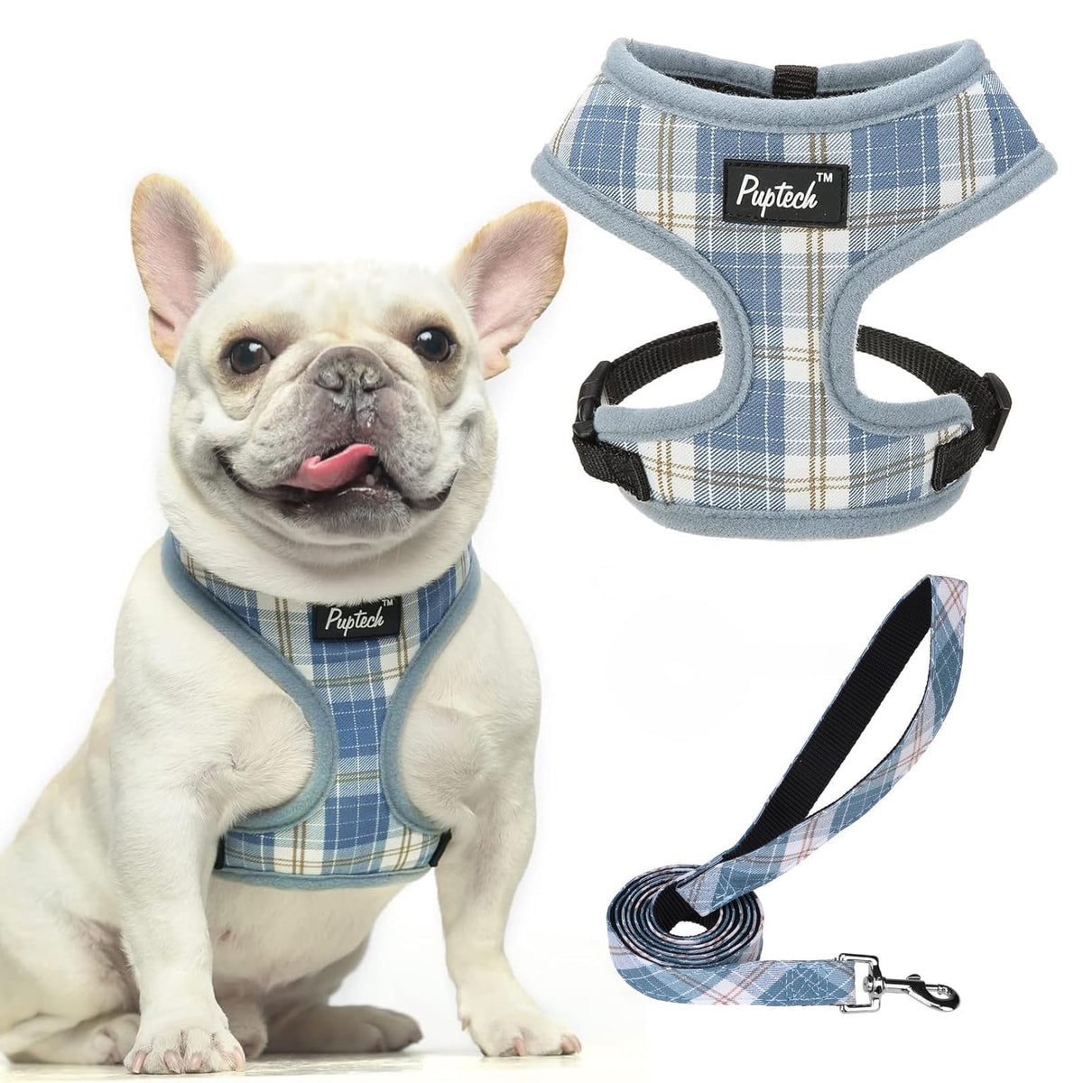 Arnés PUPTECK con malla suave azul cielo para paseos cómodos.