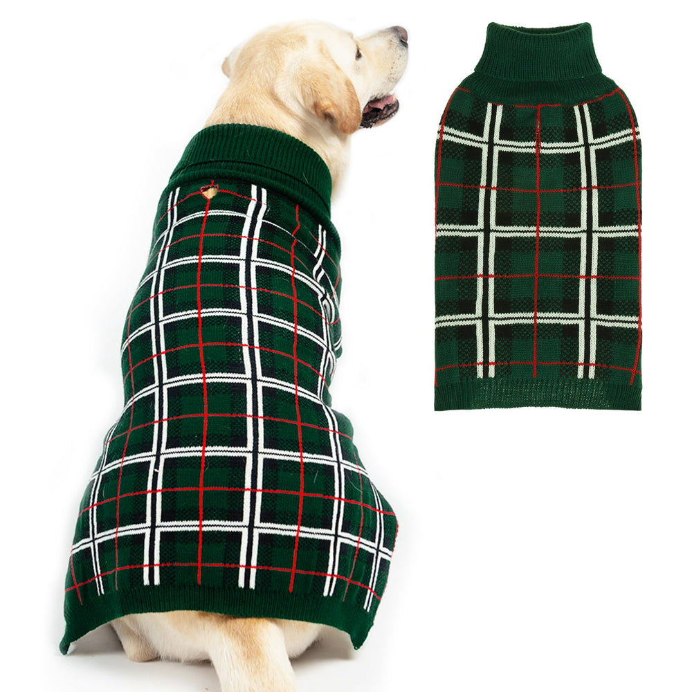 Pupteck suéter para perro a cuadros verde, frente, ideal para salidas diarias en clima frío.