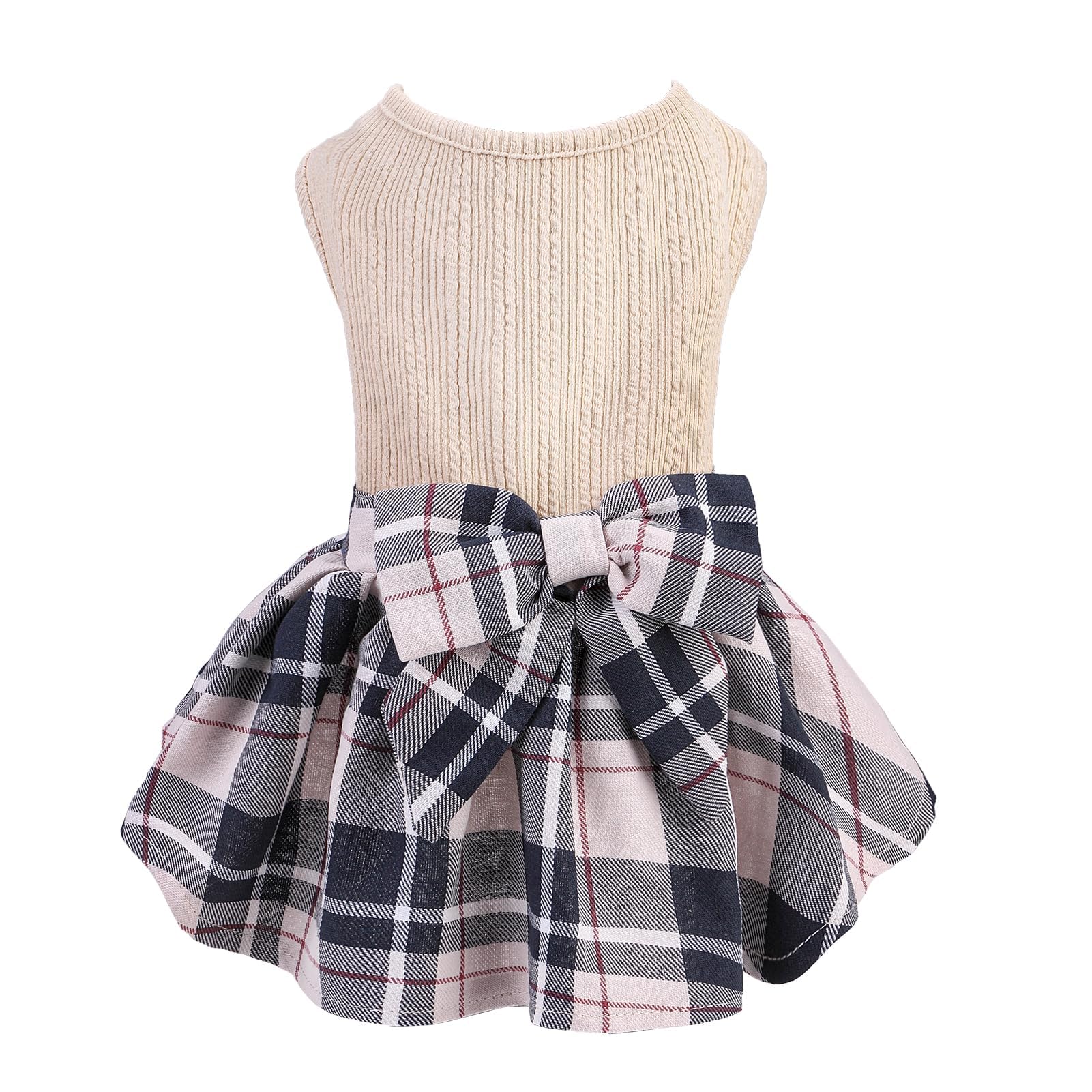 PUPTECK Vestido para perro cuadros crema con lazo, vista frontal ideal para salidas