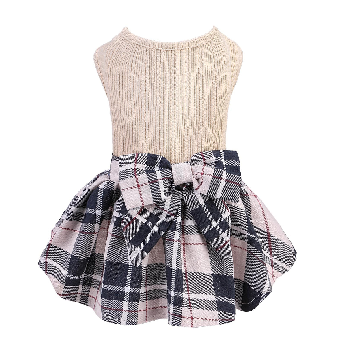 PUPTECK Vestido para perro cuadros crema con lazo, vista frontal ideal para salidas