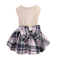 PUPTECK Vestido para perro cuadros crema con lazo, vista frontal ideal para salidas