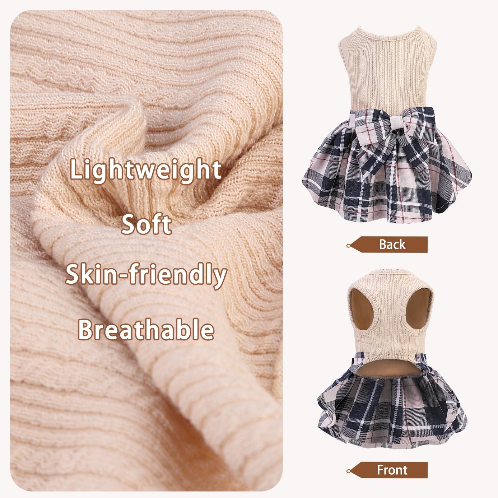 PUPTECK Vestido para perro cuadros crema, detalle de lazo y ajuste cómodo