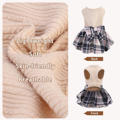 PUPTECK Vestido para perro cuadros crema, detalle de lazo y ajuste cómodo