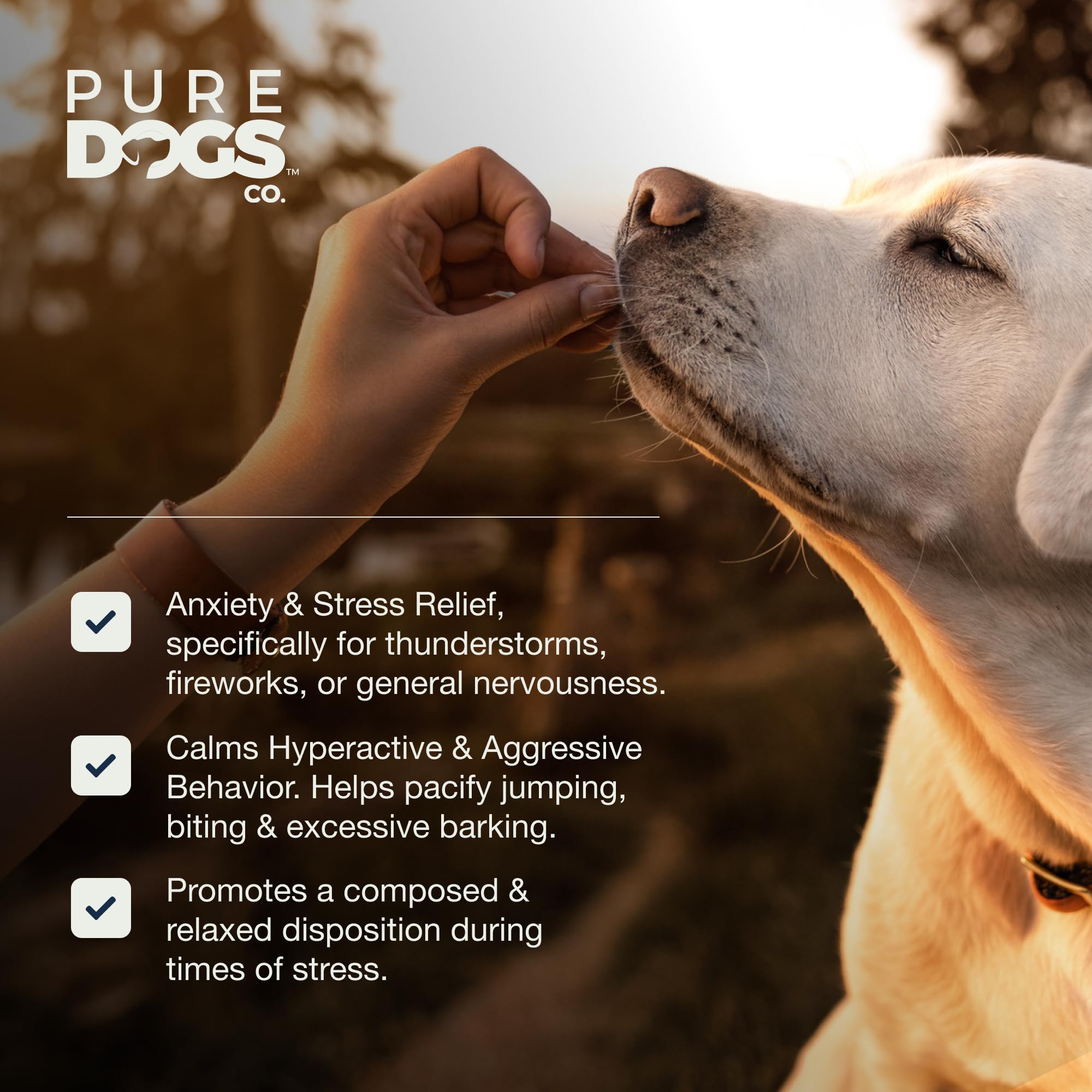 Pure Dogs Co. gomitas calmantes, gaba y camomila para calma natural.