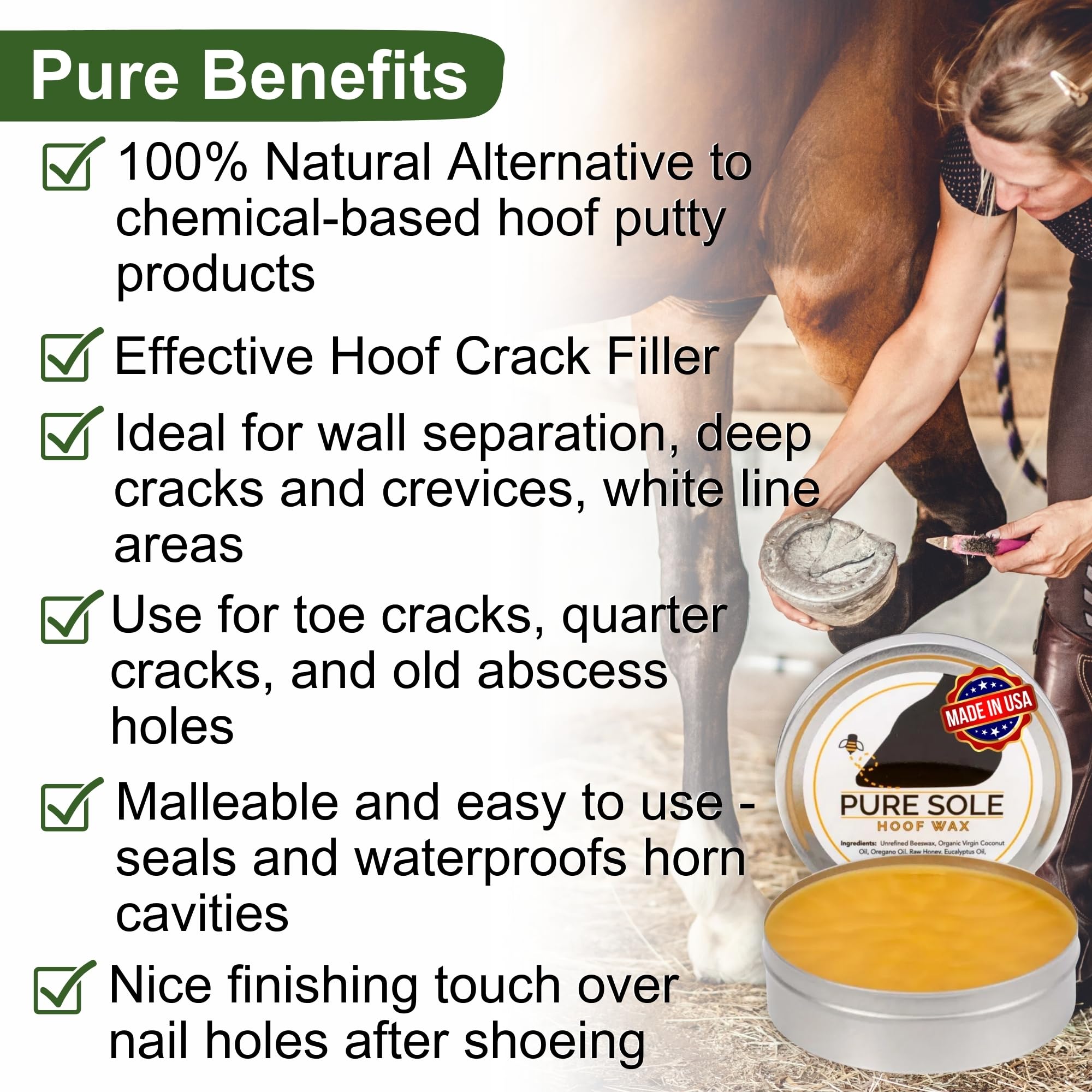 Pure Sole Hoof Wax: aplicación manual para reparaciones suaves en grietas del casco.