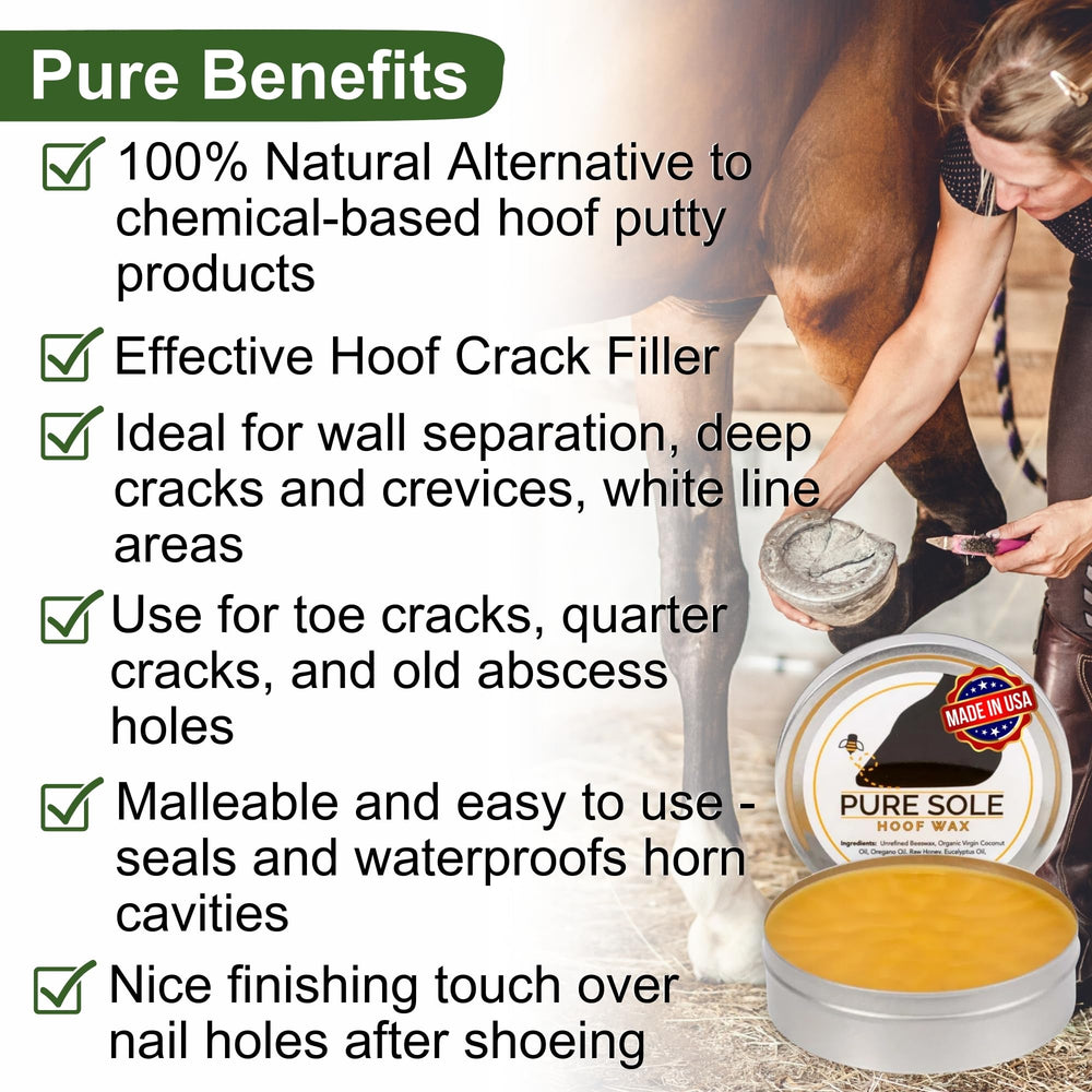 Pure Sole Hoof Wax: aplicación manual para reparaciones suaves en grietas del casco.