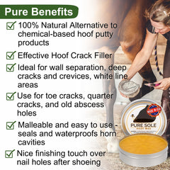 Pure Sole Hoof Wax: aplicación manual para reparaciones suaves en grietas del casco.