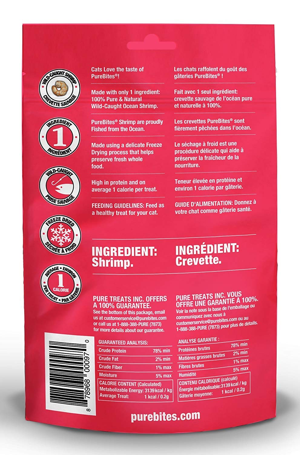 PureBites para gatos, camarones liofilizados, detalle textura crujiente para premio.
