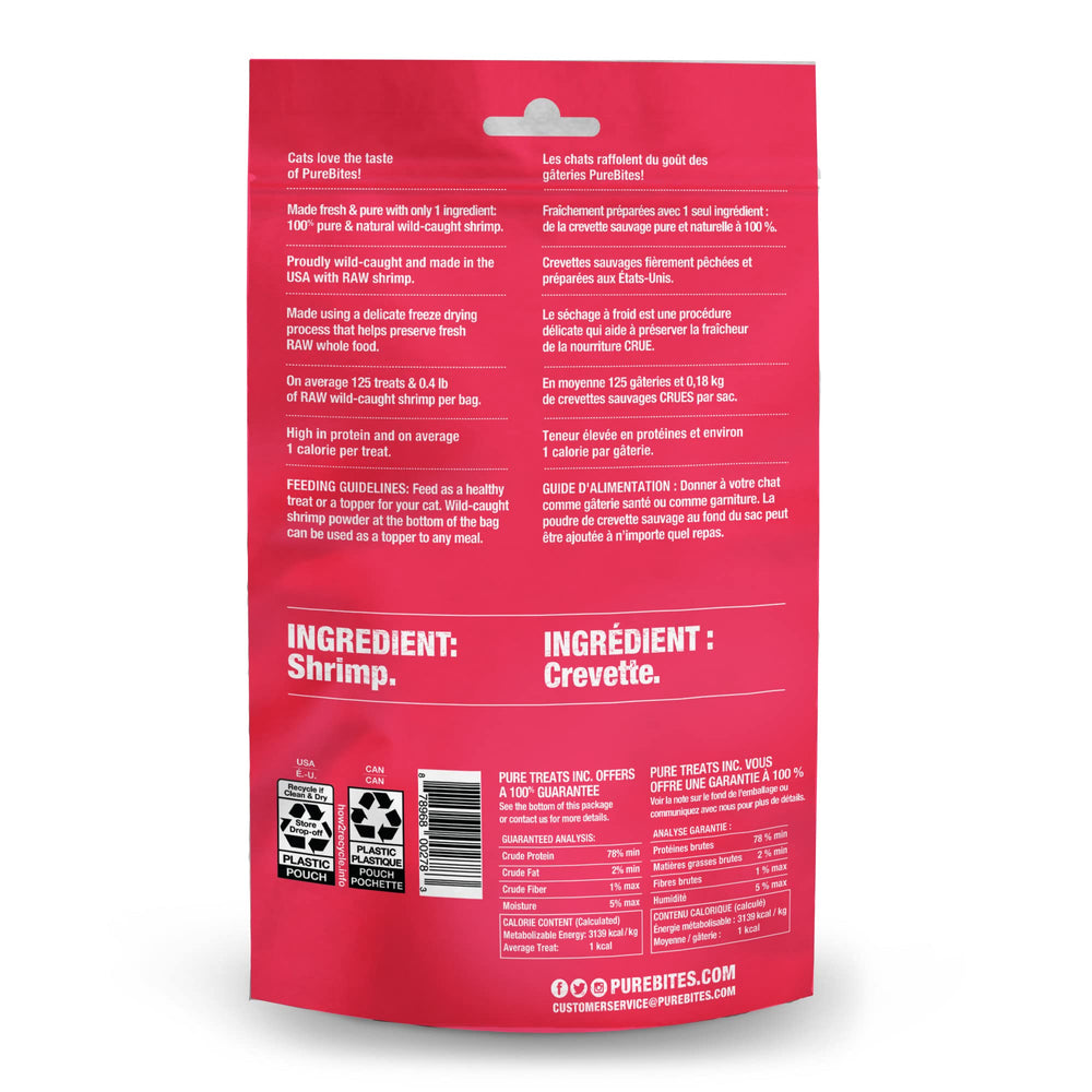 PureBites ingrediente único, camarón 100% natural para golosinas simples.