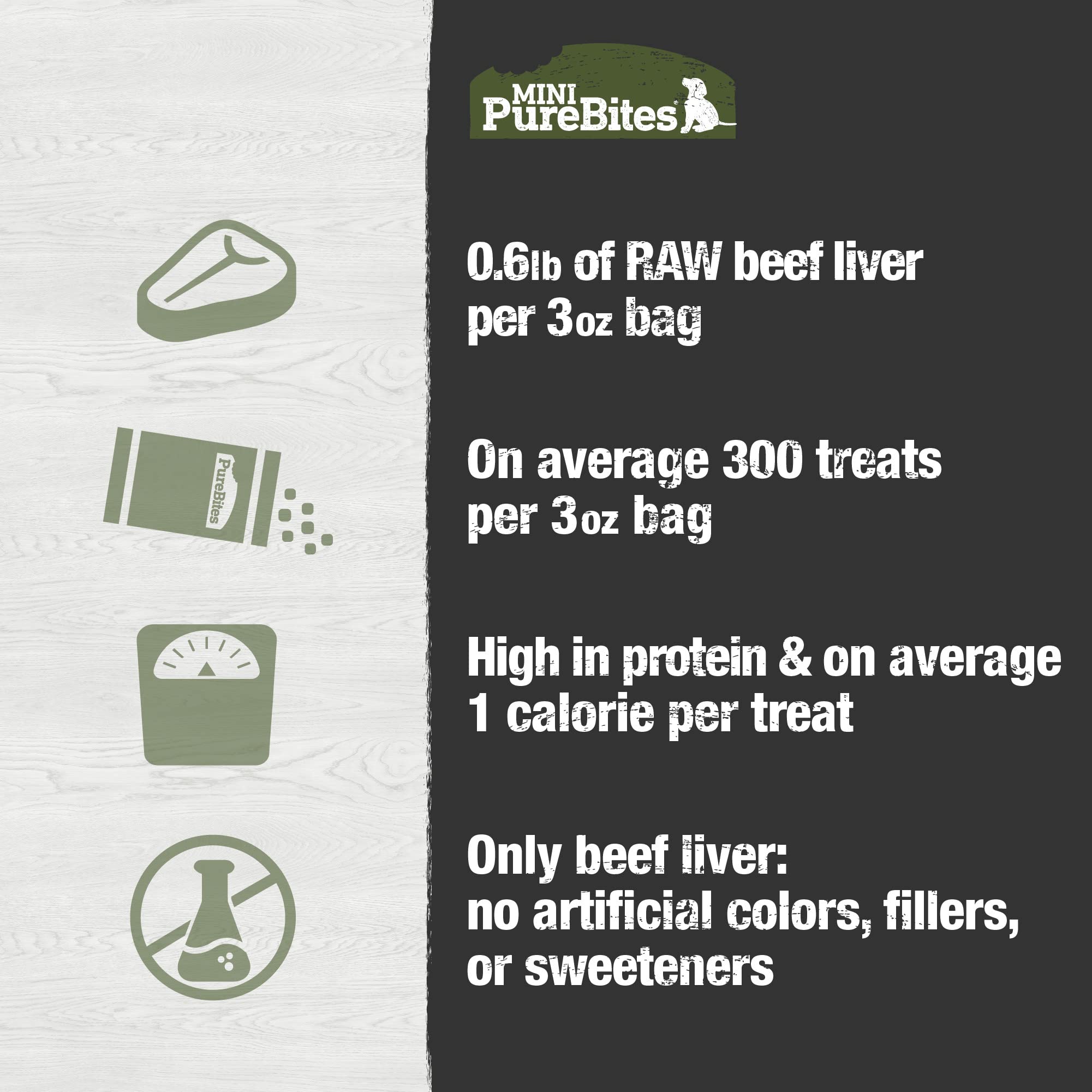 PureBites Mini Higado de Res, envase de 3 oz con trocitos sabrosos.