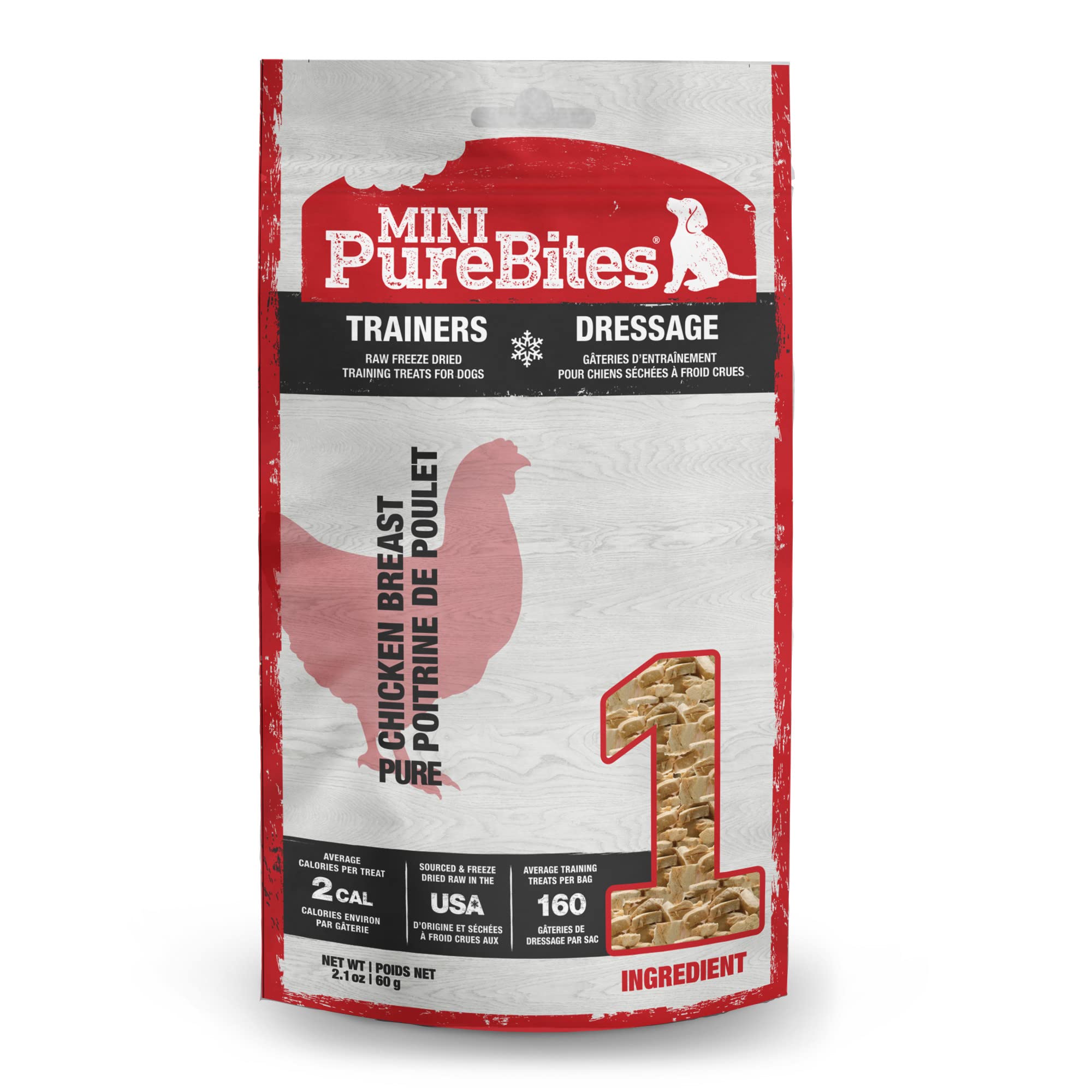 PureBites Mini Pollo, frente del paquete, snack alto en proteína ideal para entrenamiento