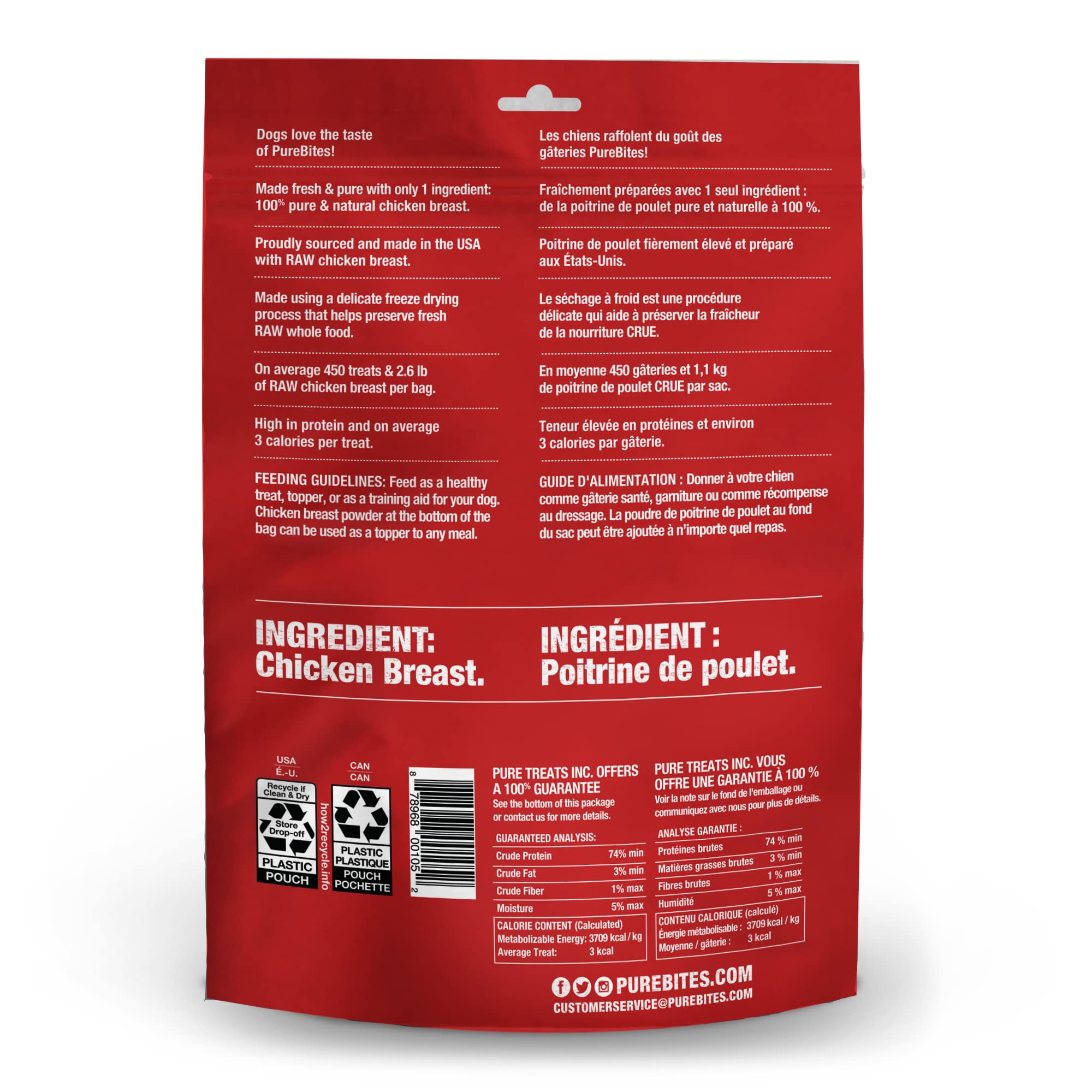 PureBites pollo deshidratado, proceso de liofilización en EE. UU., ideal como premio proteico.
