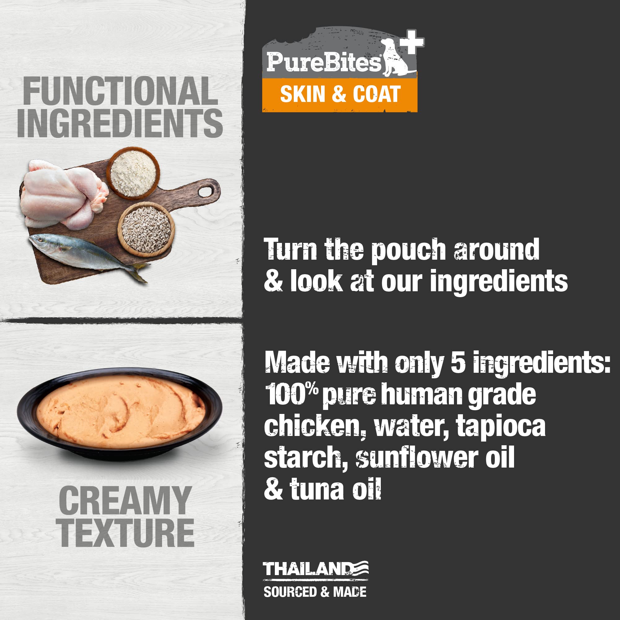 PureBites Plus Squeezables-etiquetas-ingredientes, enfoque en cinco ingredientes simples.