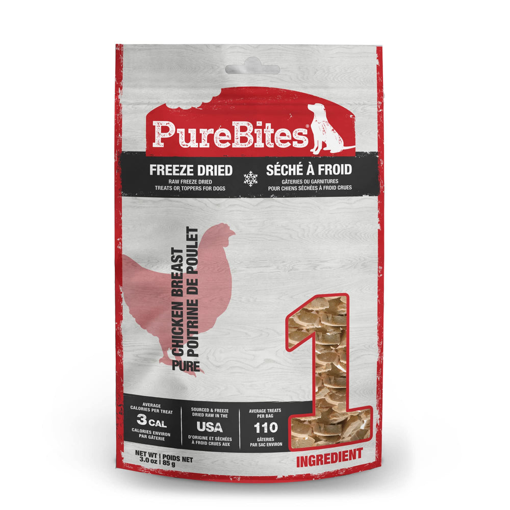 PureBites pollo deshidratado, snack para perros, ingrediente único y sabroso.