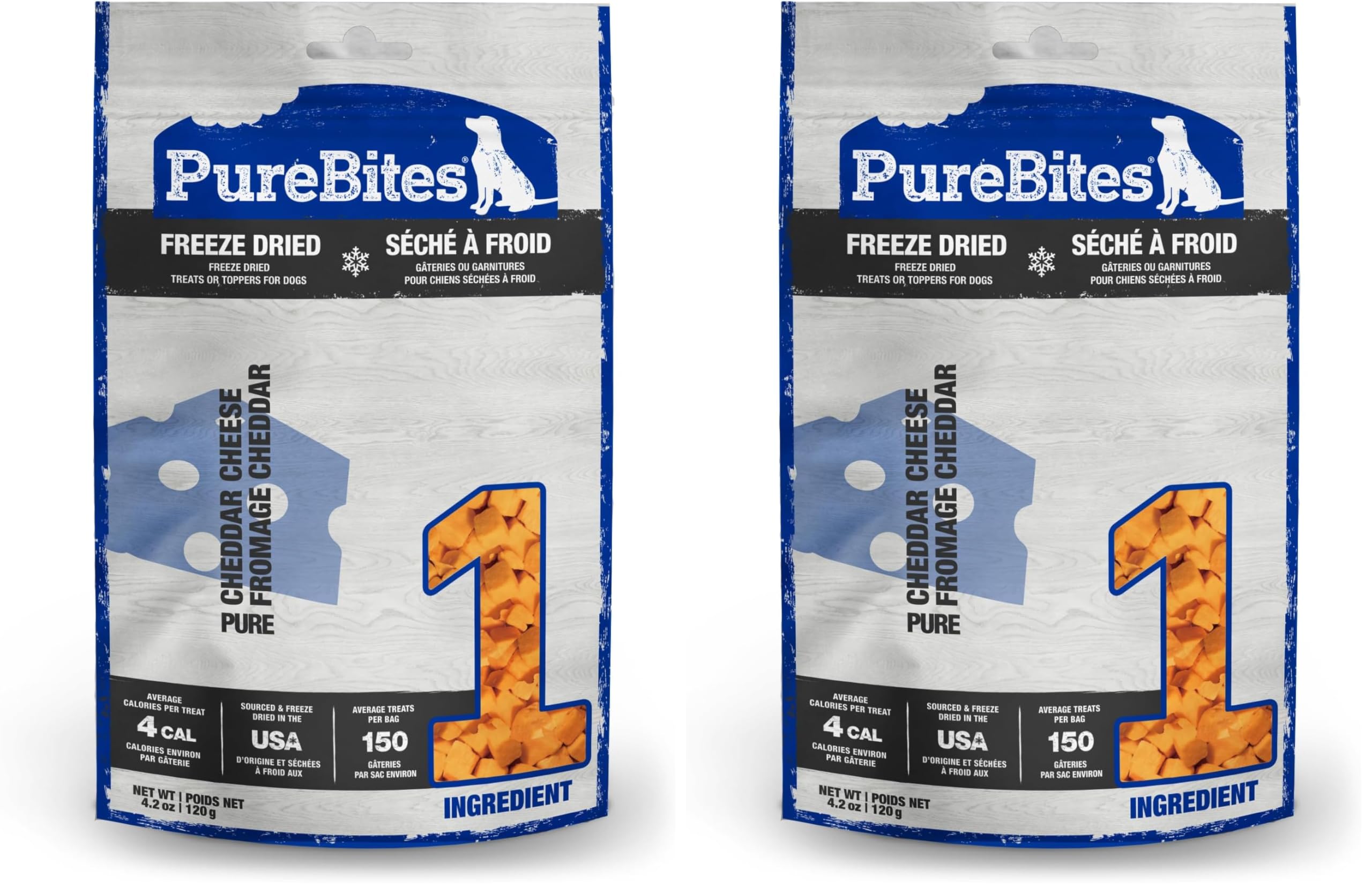 PureBites queso deshidratado para perros, paquete de dos, snack puro y sabroso para entrenamiento.