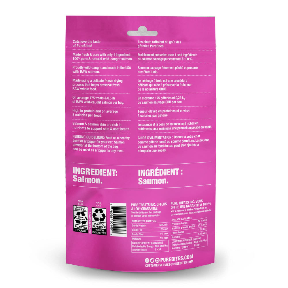 PureBites salmón salvaje, hecho en EE.UU., preserva el sabor natural.
