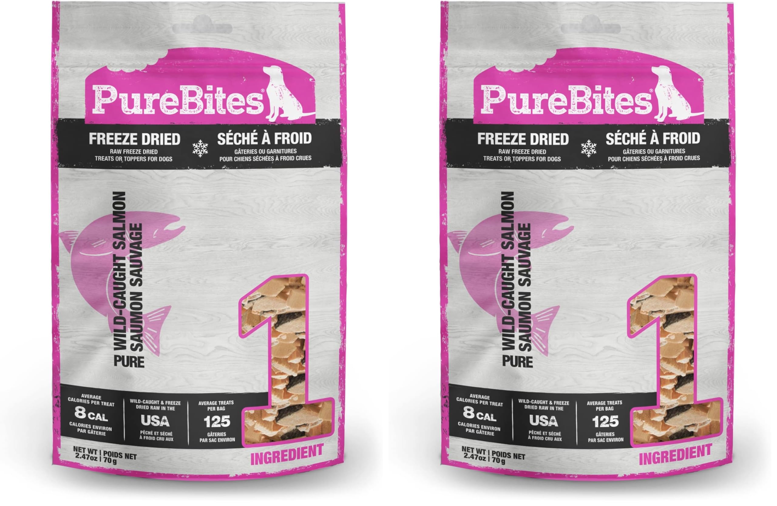 PureBites salmón deshidratado para perros, paquete doble, snack natural.