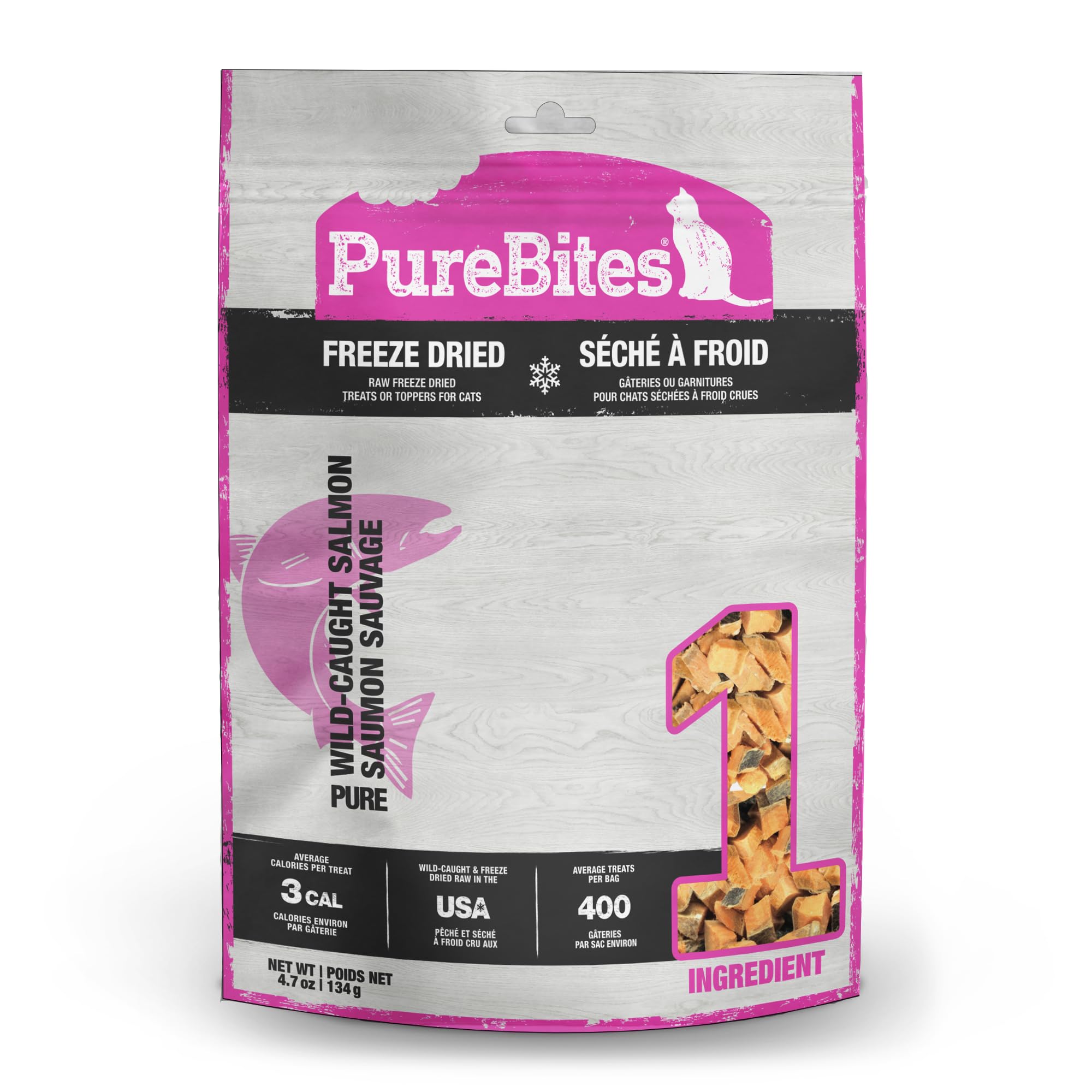 PureBites salmón para gatos, bocaditos crujientes en frasco.